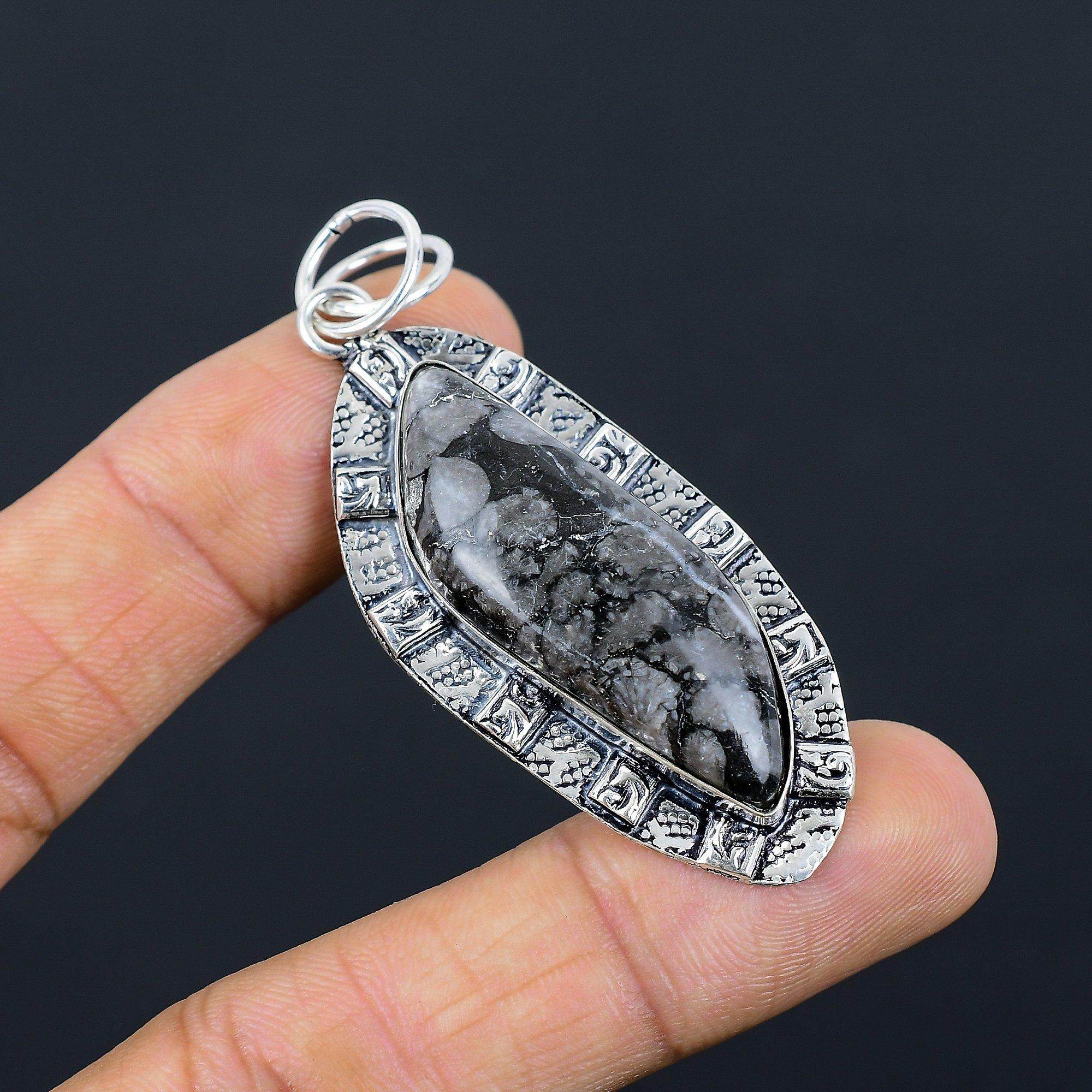 Серебро 925 пробы Маркиза Черный ископаемый коралл Камень Безель Новый Кулон Ювелирные изделия