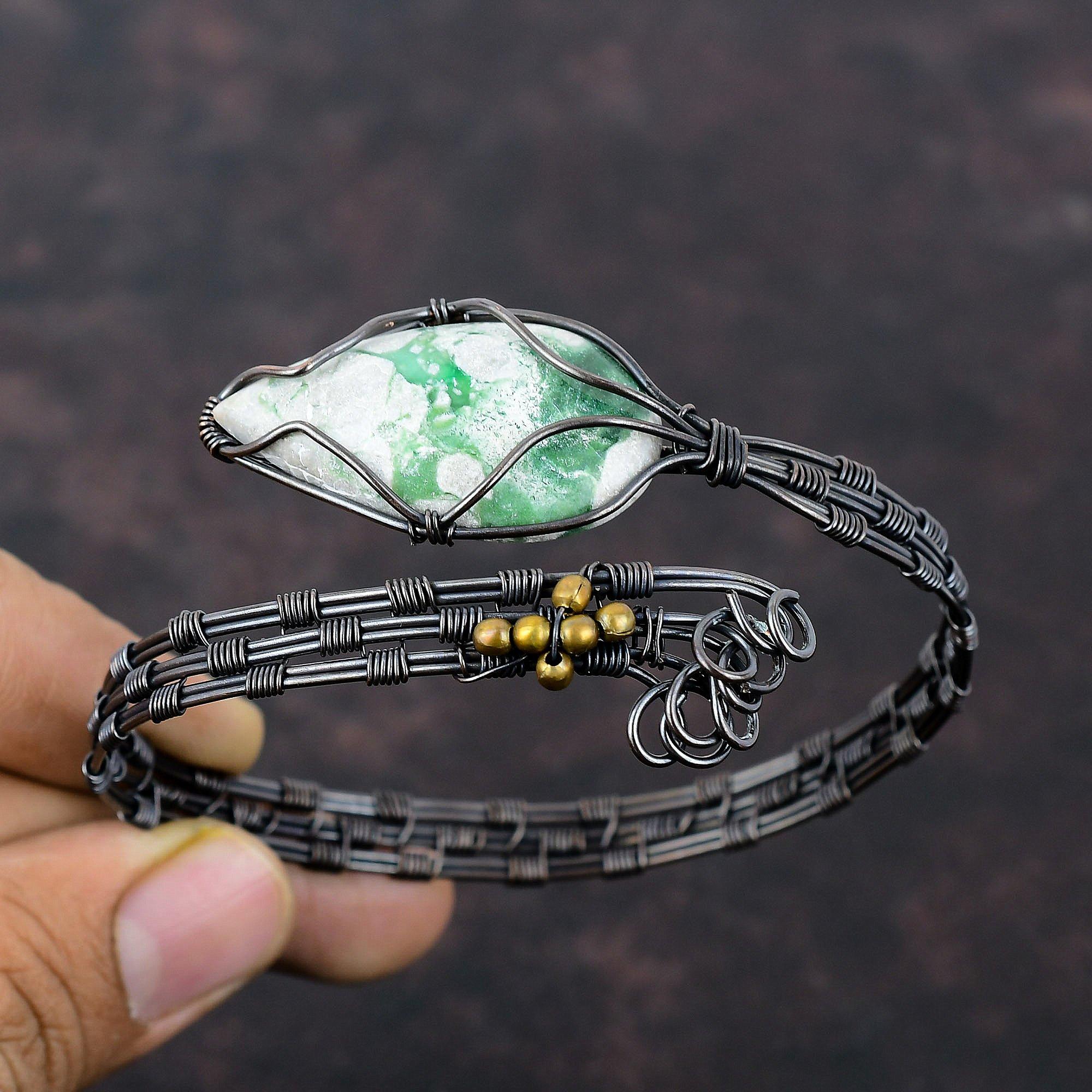 Варисцитовый браслет-манжета, обмотанный медной проволокой, браслет-манжета с драгоценным камнем, украшения ручной работы из варисцита для подарка, регулируемый браслет-манжета, украшения, обмотанные медной проволокой