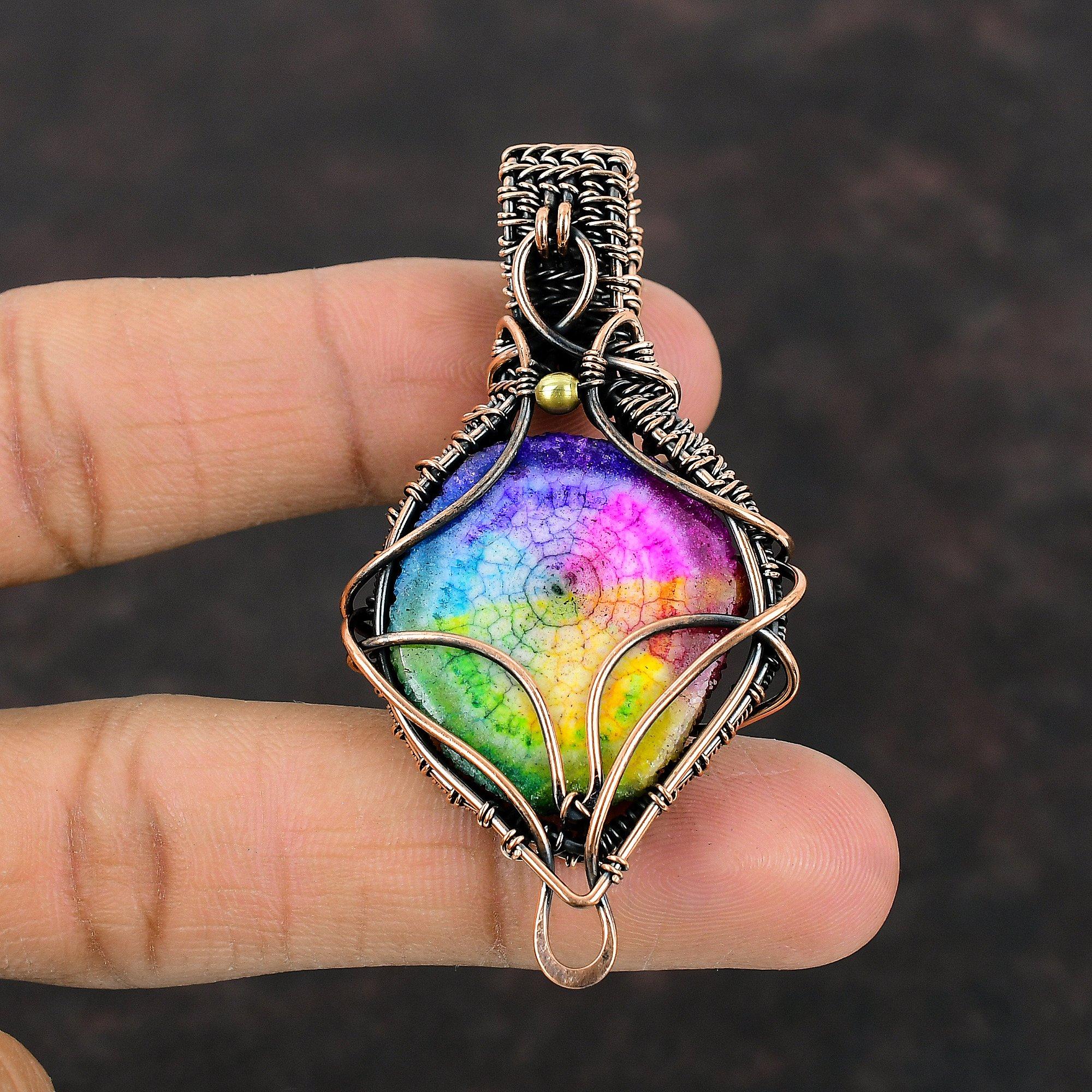 Rainbow Solar Quartz Druzy Pendant Copper Wire Wrapped Pendant Gemstone Jewelry Handmade Pendant Amazing Pendant Copper Jewelry Gift For Her