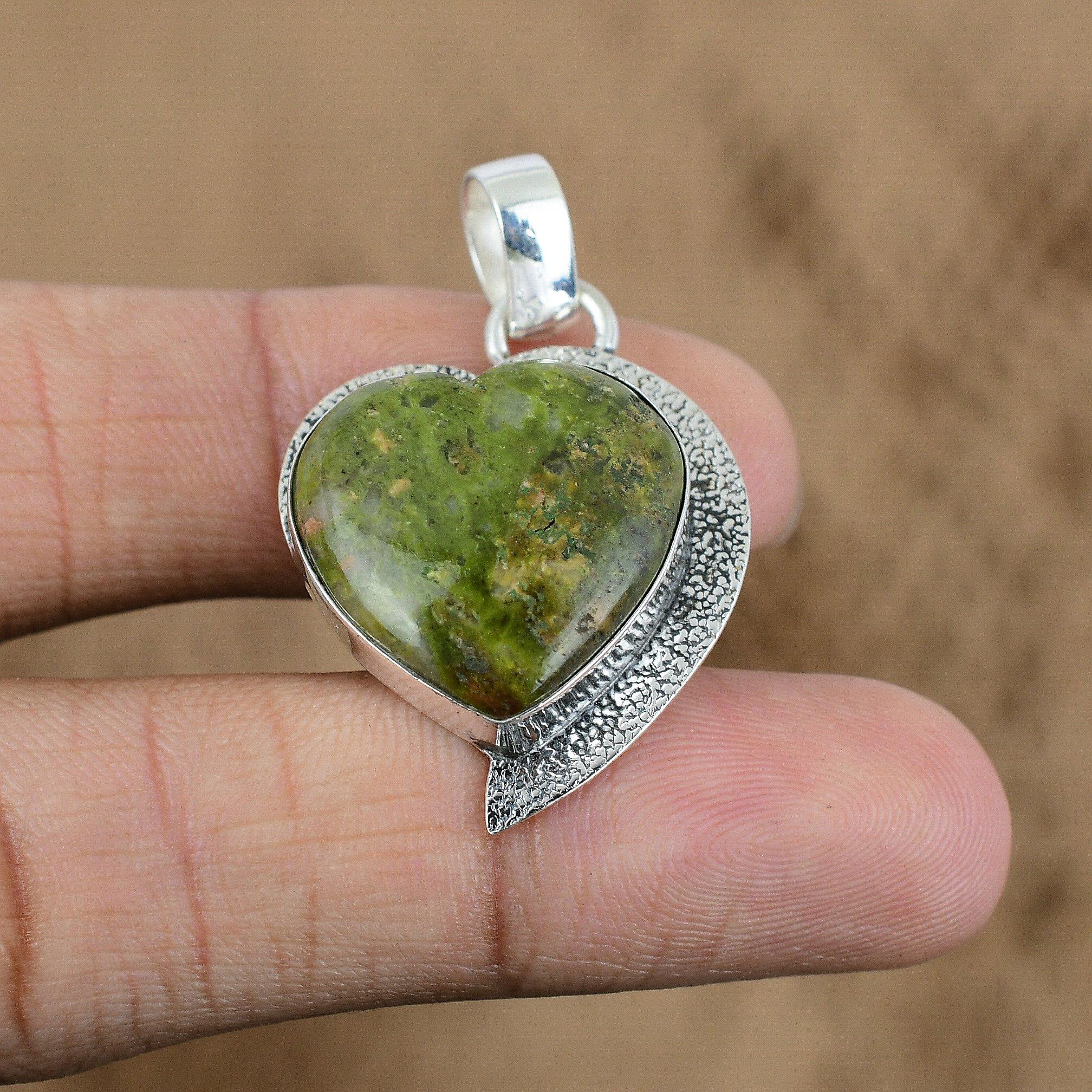 Natural Unakite Gemstone Pendant Heart 925 Sterling Silver Jewelry For Women