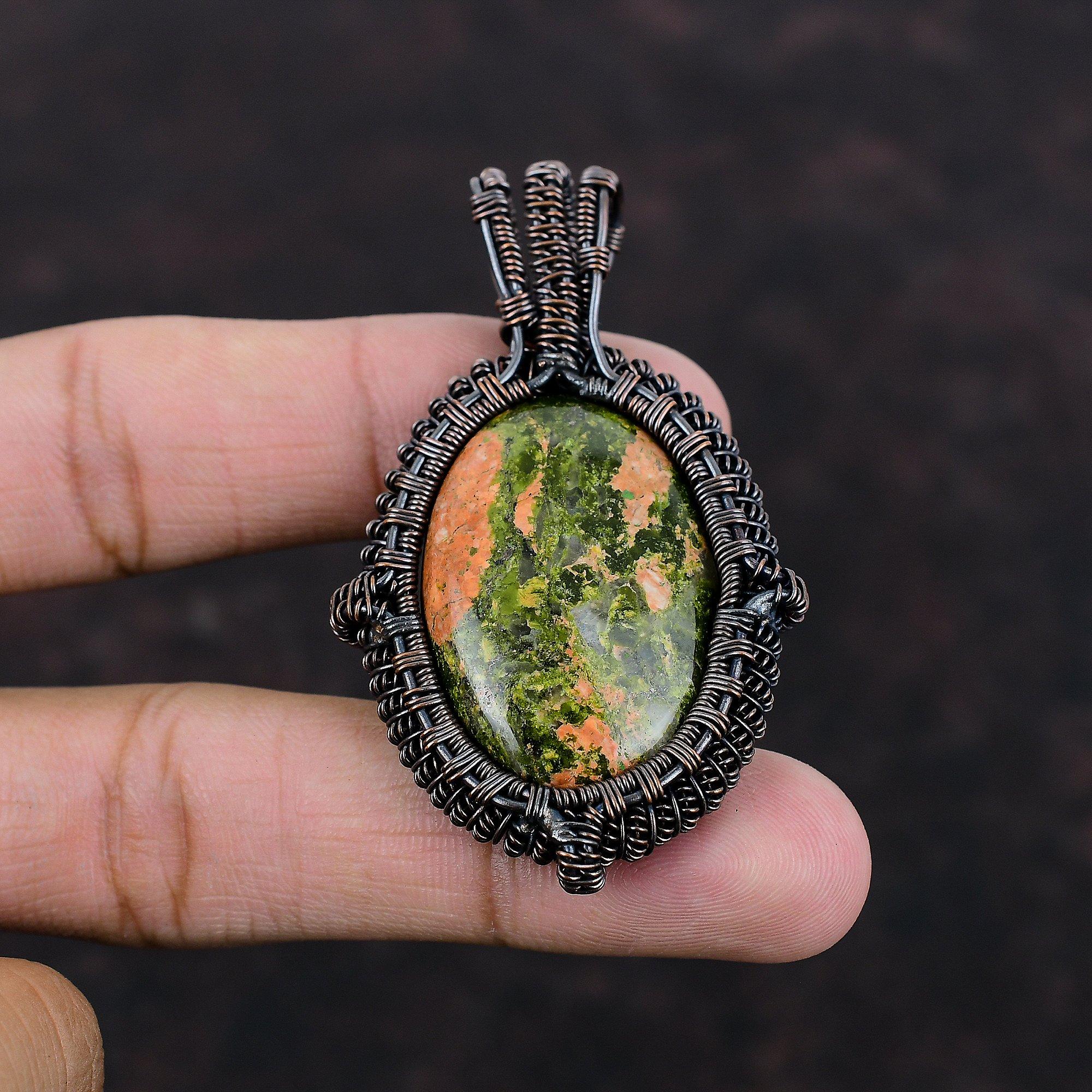 Кулон из унакита, кулон в медной проволоке, ювелирные изделия из унакита, кулон с драгоценным камнем, красивые медные украшения, женский специальный подарок, кулон ручной работы