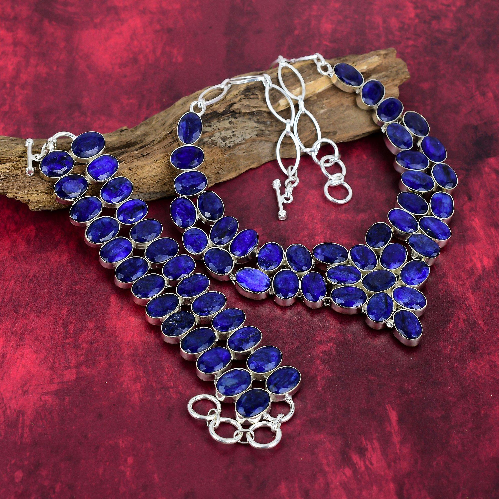 Blue Sapphire Gemstone Jewelry, Handmade 925 Solid Sterling Silver Jewelry, Amazing Necklace & Bracelet Jewelry Set For Wedding Gift