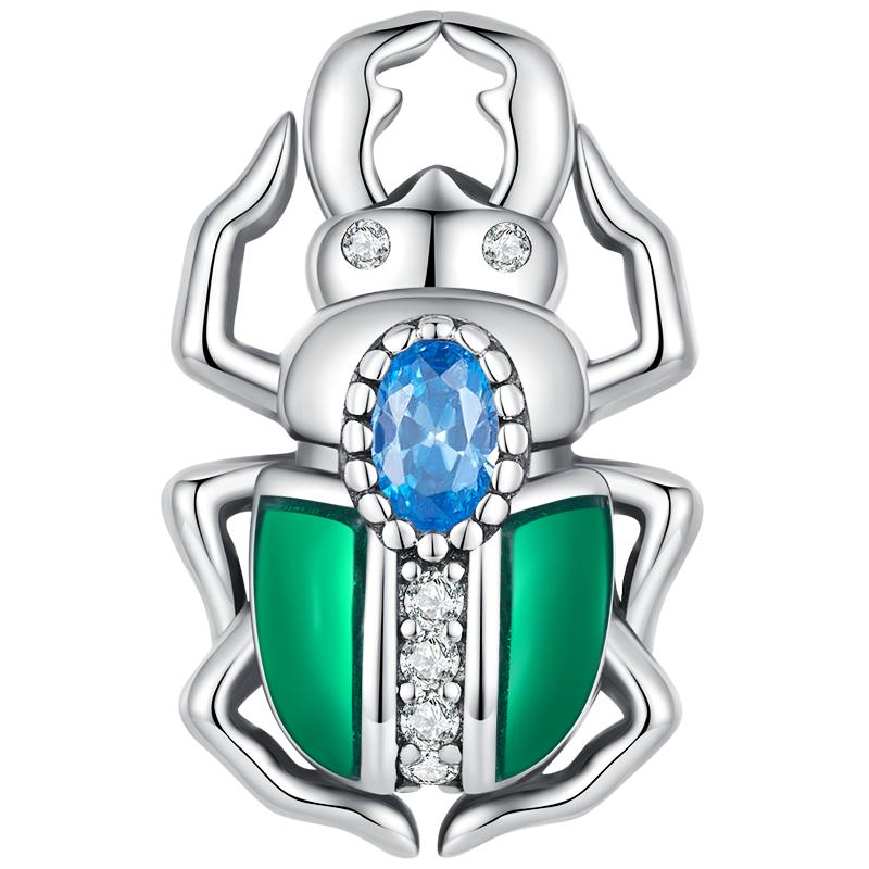 WOSTU 925 Sterling Silver Green Enamel Wings Blue Zircon Beetle Bead Charms for Women Bangle and Bracelet DIY Jewelry