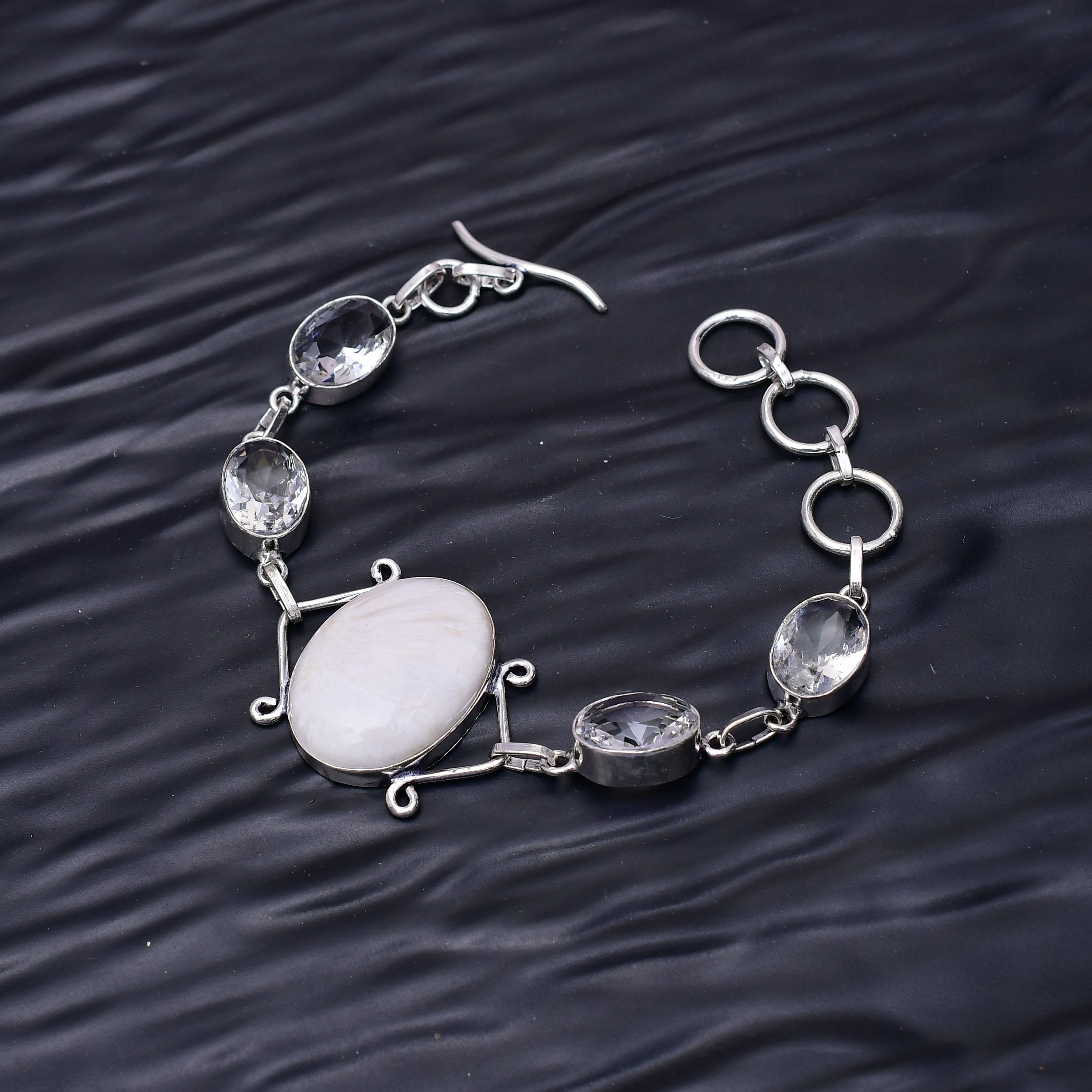 White Scolecite & White Topaz Gemstone : 925 Sterling Silver Handmade Multi Gemstone Bracelet Jewelry