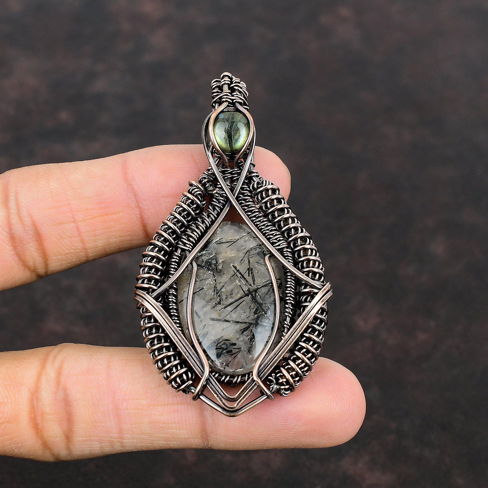 Black Rutile Pendant Copper Wire Wrapped Gemstone Pendant Antique Copper Jewelry Labradorite Pendant Handmade Pendant Wire Jewelry For Gift