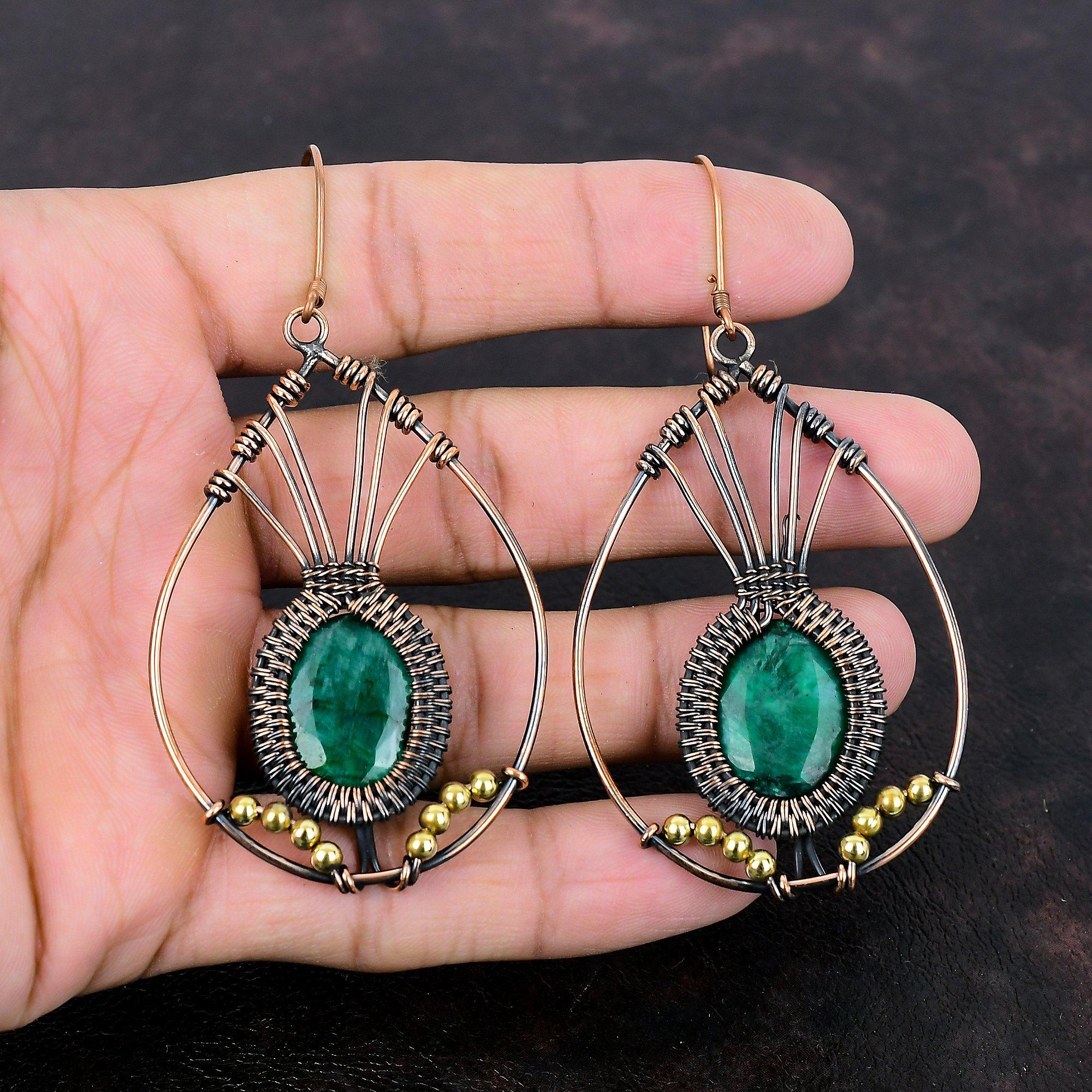 Серьги с ограненным замбийским изумрудом, серьги с медной проволокой, изумрудные украшения, серьги ручной работы с драгоценными камнями, потрясающие медные украшения, подарок для мамы