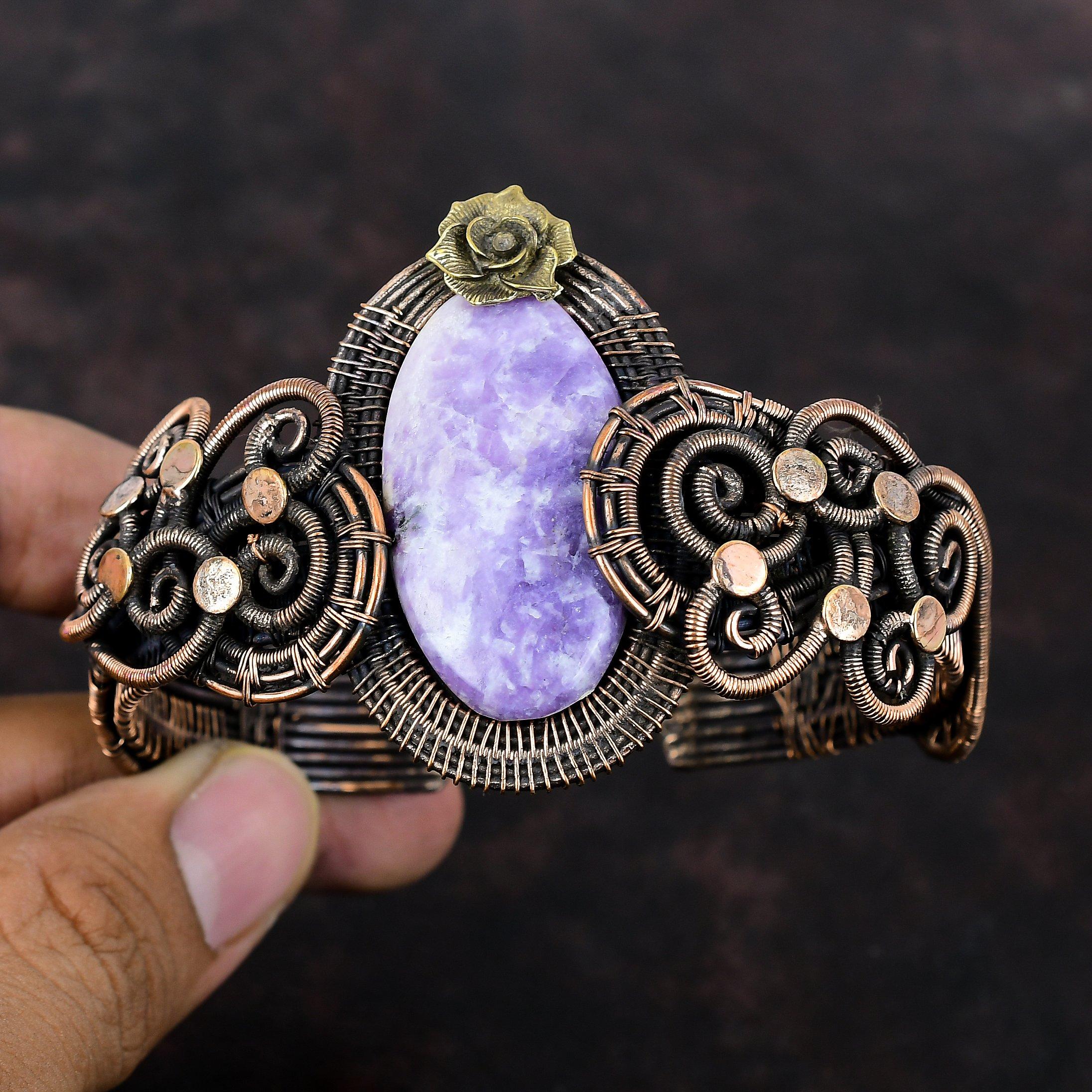 Лепидолитовый браслет, браслет из медной проволоки, регулируемый браслет-манжета, браслет с драгоценными камнями, ювелирные изделия из медной проволоки, цветочная манжета ручной работы, подарок для него