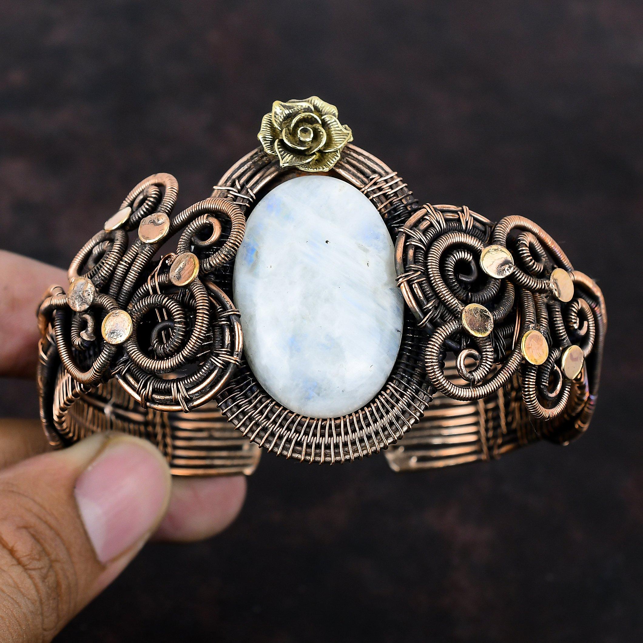 Rainbow Moonstone Bangle Copper Wire Wrapped Cuff Bracelet Handmade Bangle Adjustable Cuff Bracelet Gemstone Flower Jewelry Anniversary Gift