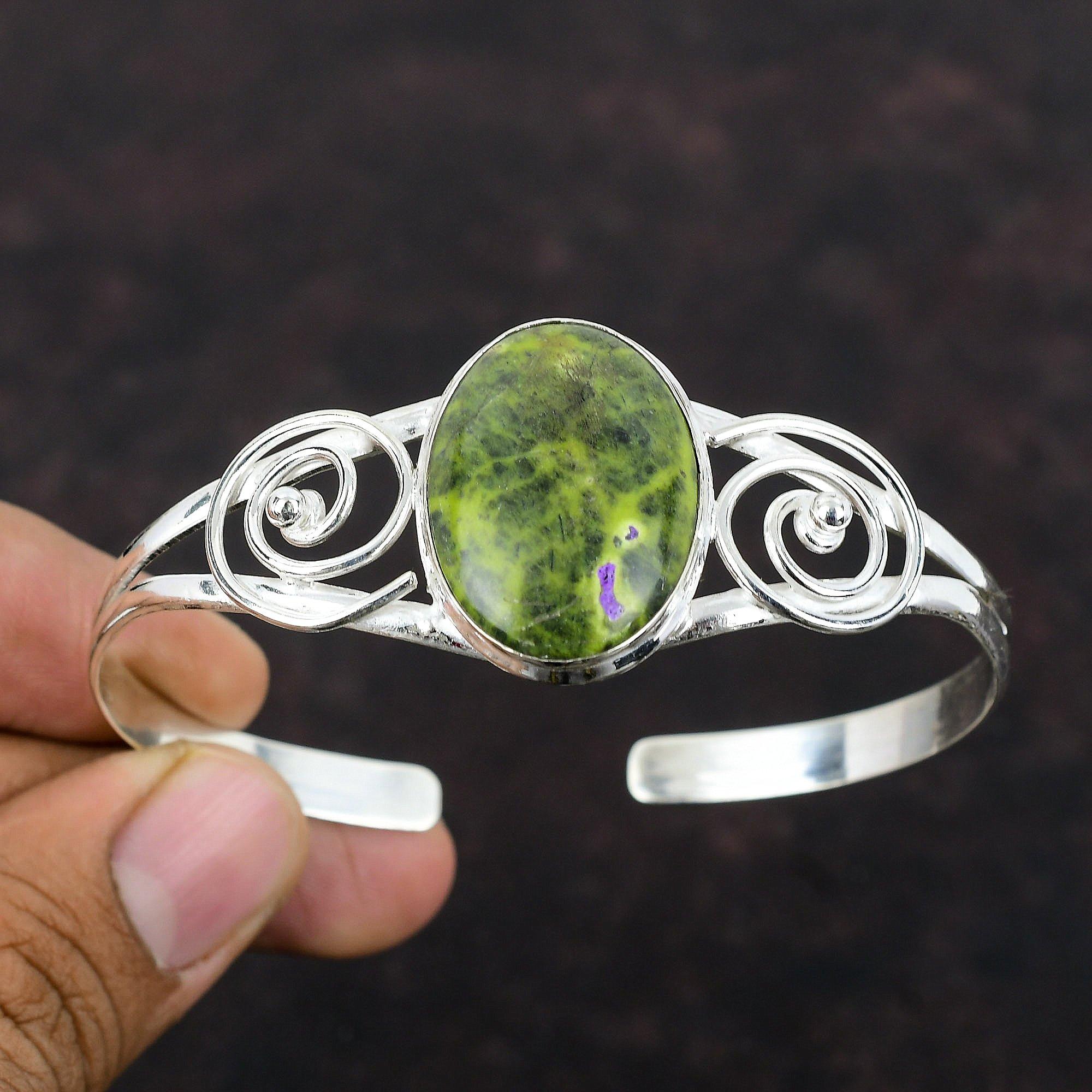 Stichtite Cuff Bracelet Natural Gemstone Jewelry 925 Sterling Silver Bangle Handmade Jewelry Adjustable Bangle Stylish Jewelry Gift For Mom