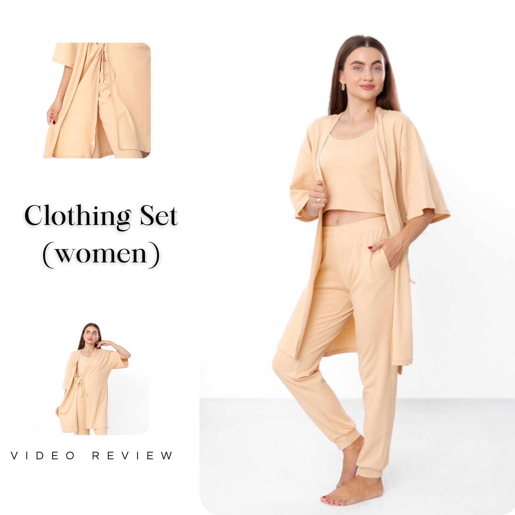 Комплект – Женский халат для дома свободного кроя + Топ + Брюки, Практичный дизайн, На любой сезон, 8449-050 HC