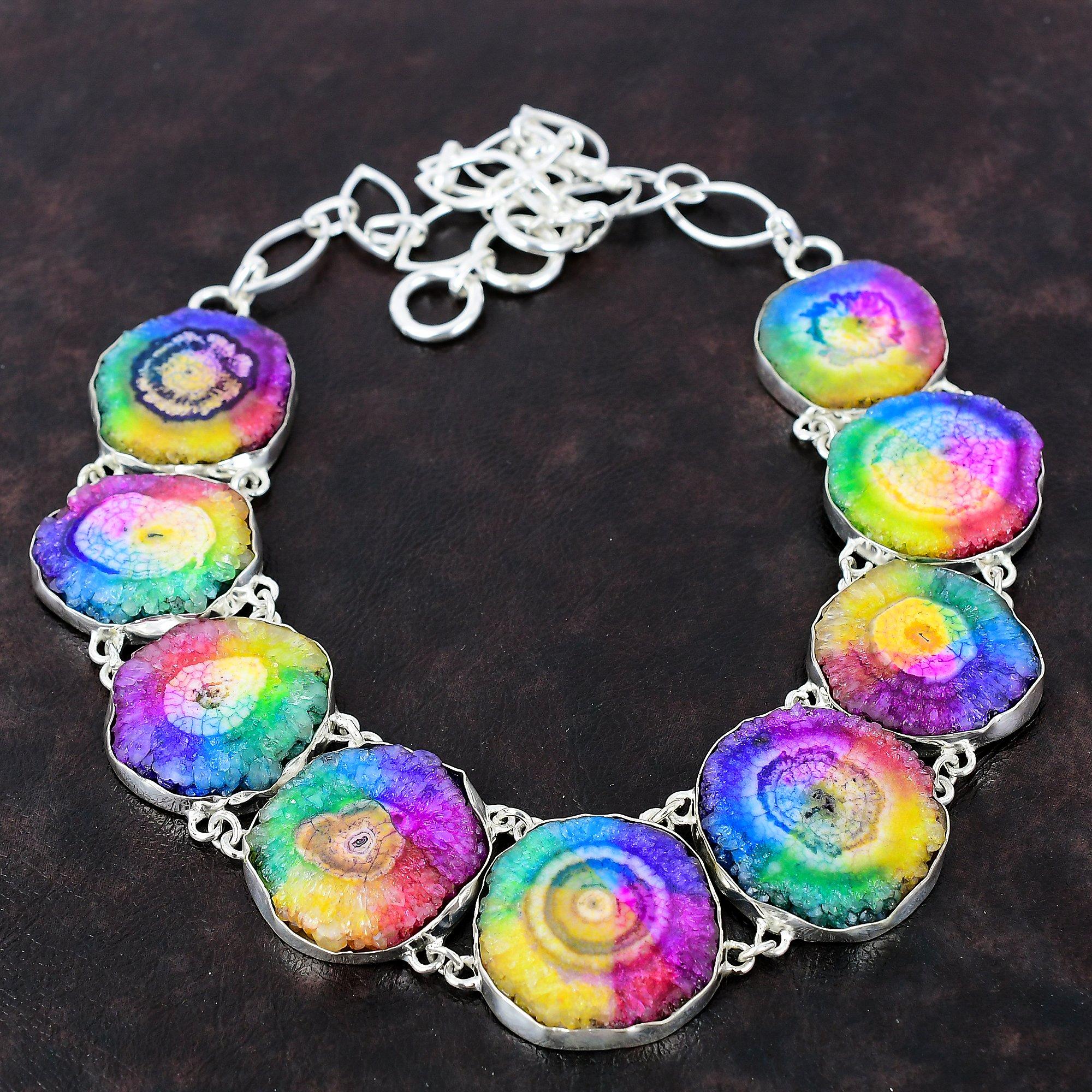 Радуга Солнечная Кварцевая Друзи Ожерелье Стерлингового Серебра 925 Ожерелье Регулируемая Цепочка Ожерелье Подарок Для Женщин Ожерелье Ручной Работы Ювелирные Изделия Из Драгоценных Камней