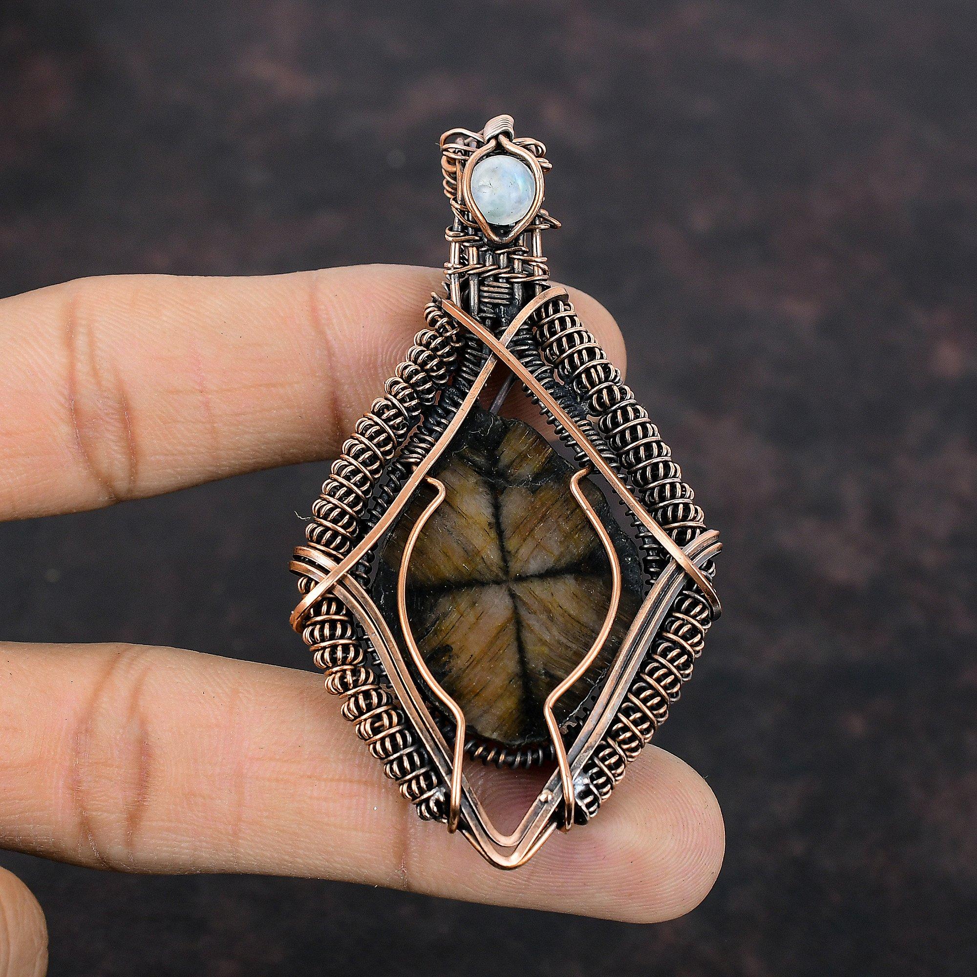 Chiastolite Pendant Copper Wire Wrapped Pendant Genuine Gemstone Pendant Copper Wire Wrap Jewelry Handmade Pendant Rainbow Moonstone Jewelry