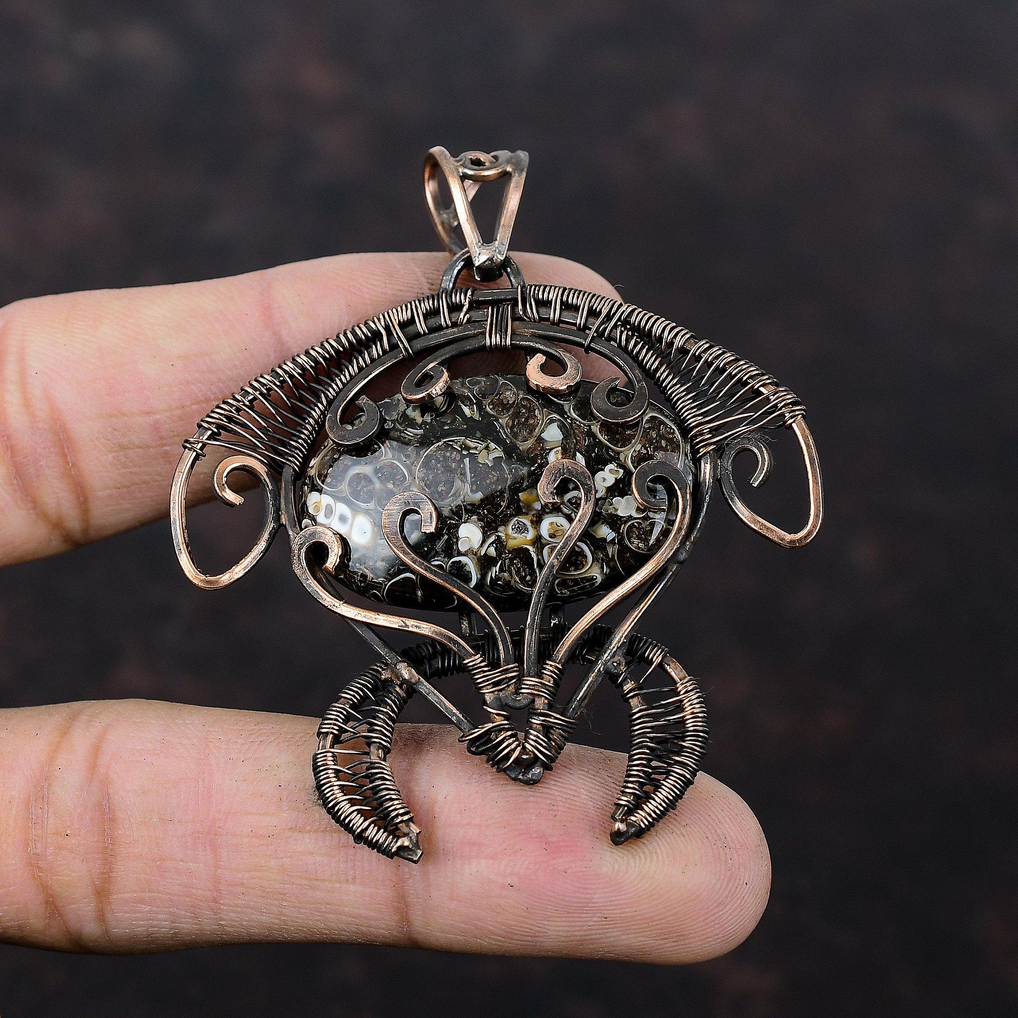 Turritella Agate Pendant Copper Wire Wrapped Gemstone Jewelry Amazing Tortoise Pendant Copper Wire Wrapped Pendant Handmade Jewelry For Gift