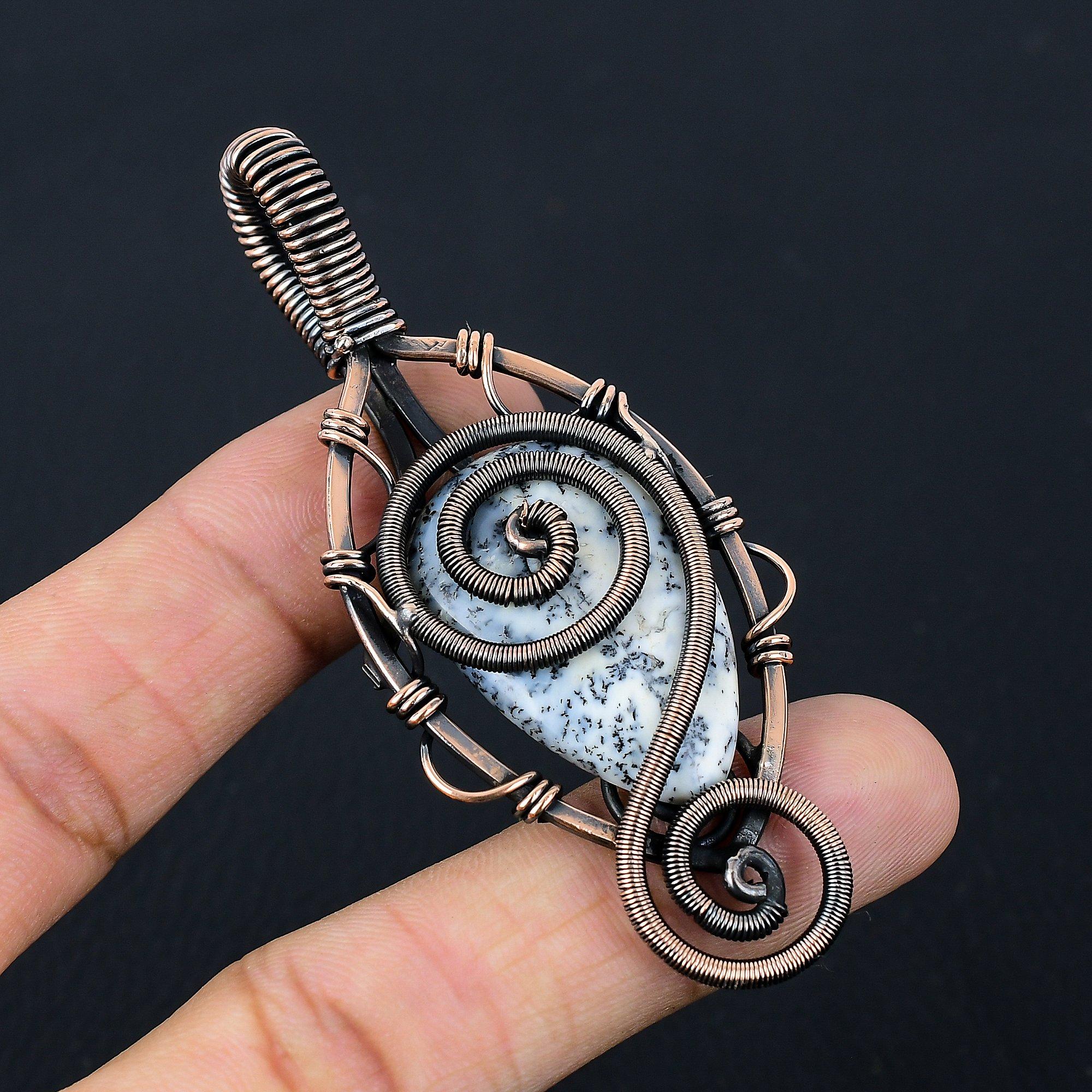 Дендритовый опал, драгоценный камень, чистая медная проволока, обернутая подвеской ручной работы, ювелирное изделие для нее