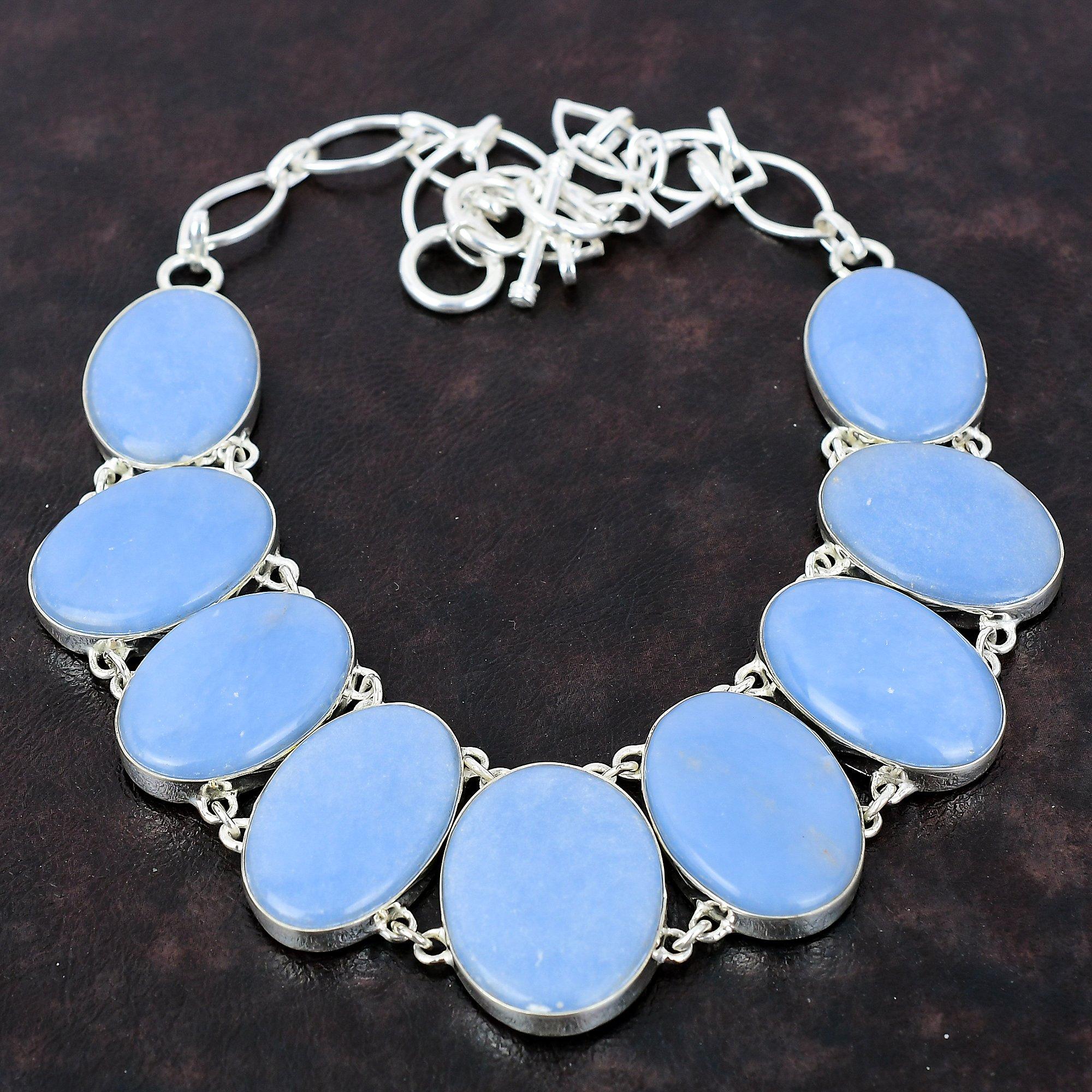 Ожерелье из ангелита Достойные ювелирные изделия из драгоценных камней Ожерелье из стерлингового серебра 925 пробы Регулируемая цепочка Ожерелье Ювелирные изделия ручной работы Ожерелье в стиле бохо Подарок для мамы