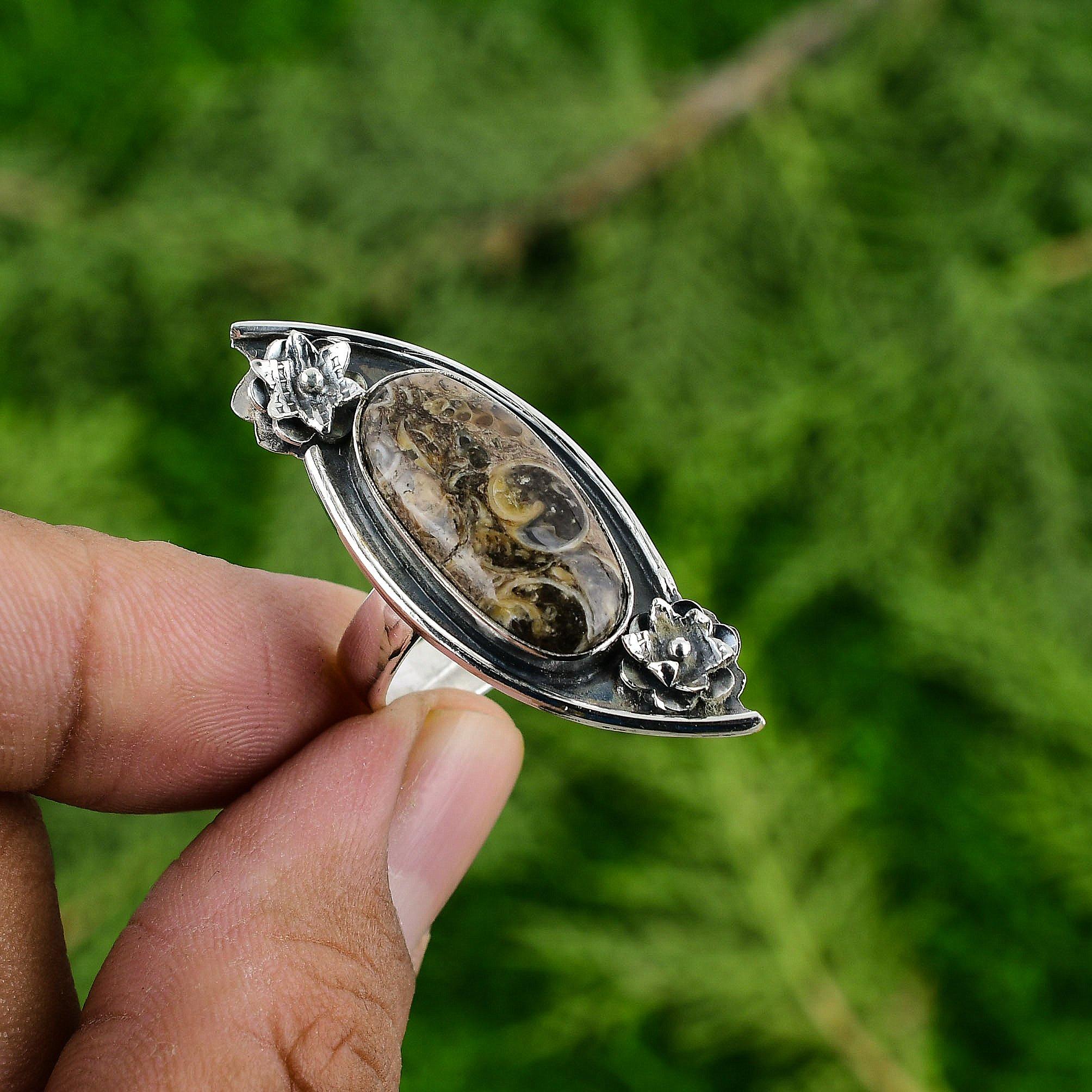 Gift For Her 925 Silver Natural Turritella Agate Promise Flower Adjustable Ring