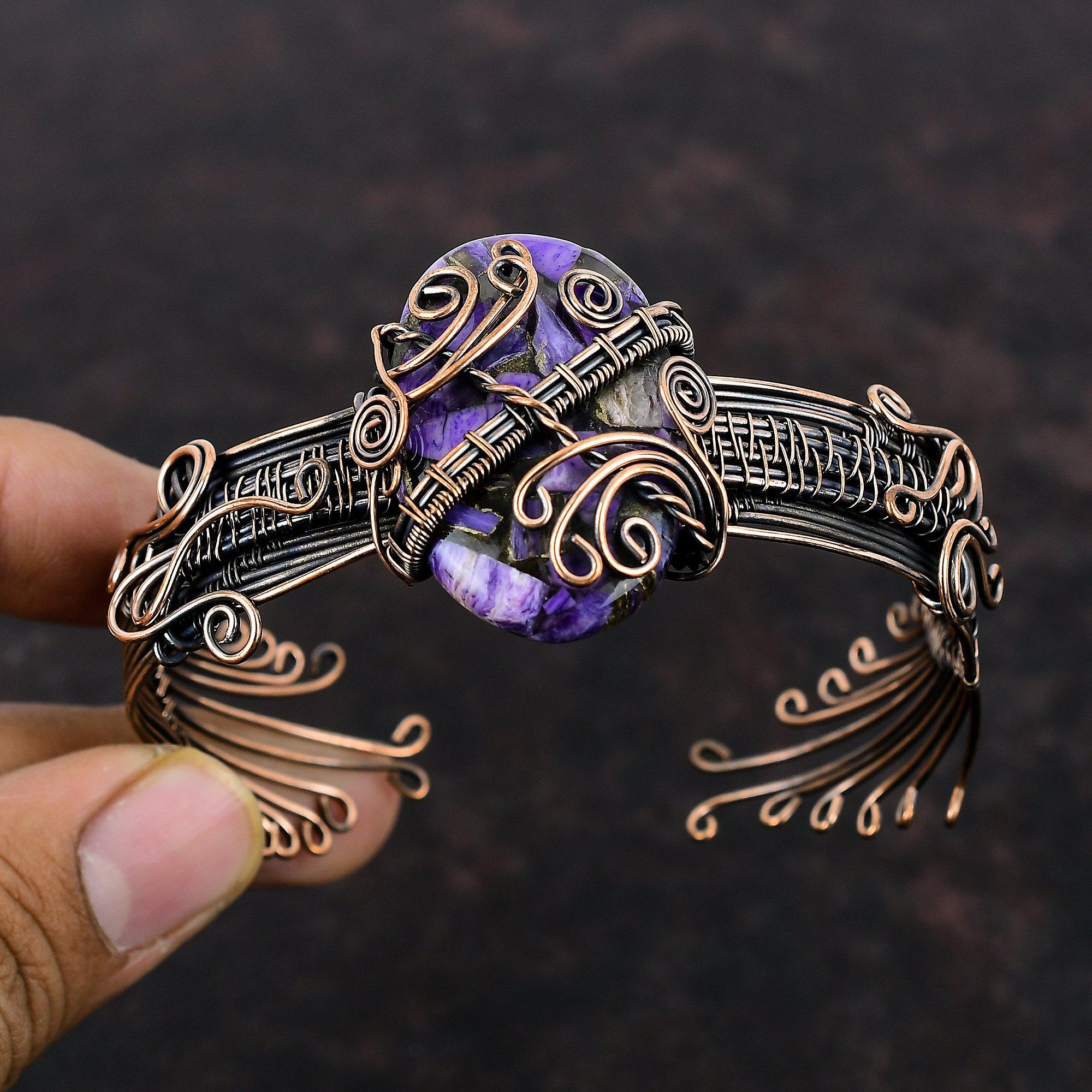 Медный браслет из чароита, браслет-манжета из настоящего драгоценного камня, браслет из медной проволоки, регулируемый браслет, медные украшения для подарка, браслет ручной работы