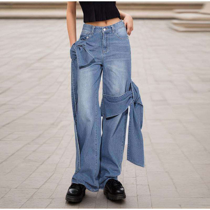 Women's Jeans 2025 Spring Autumn Latest Washed and Distressed Patchwork Bow Wide Leg Pants with High Waist and Slimming Design