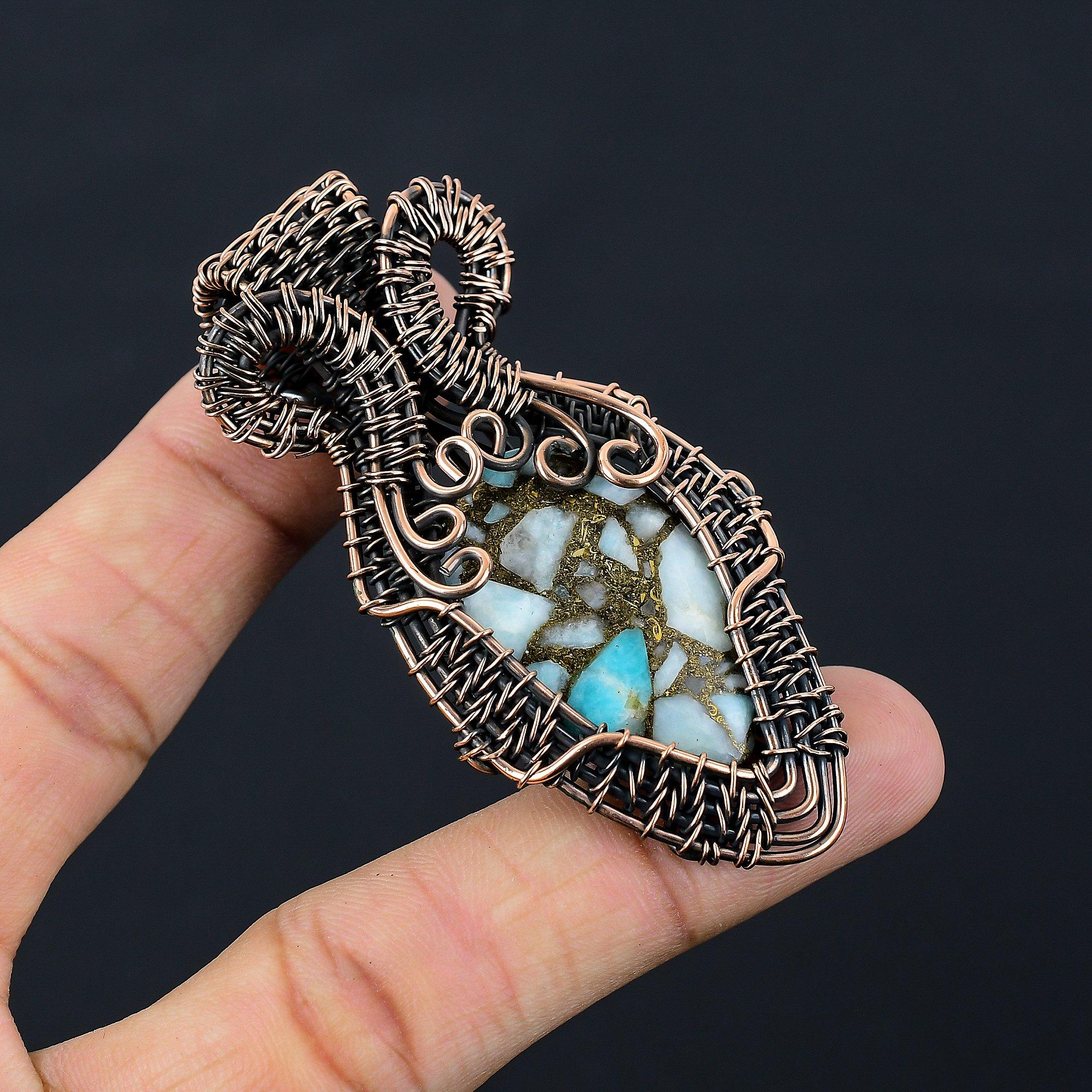 Красивый медный ларимар, драгоценный камень, чистая медная проволока, обернутая подвеской ручной работы, ювелирные изделия