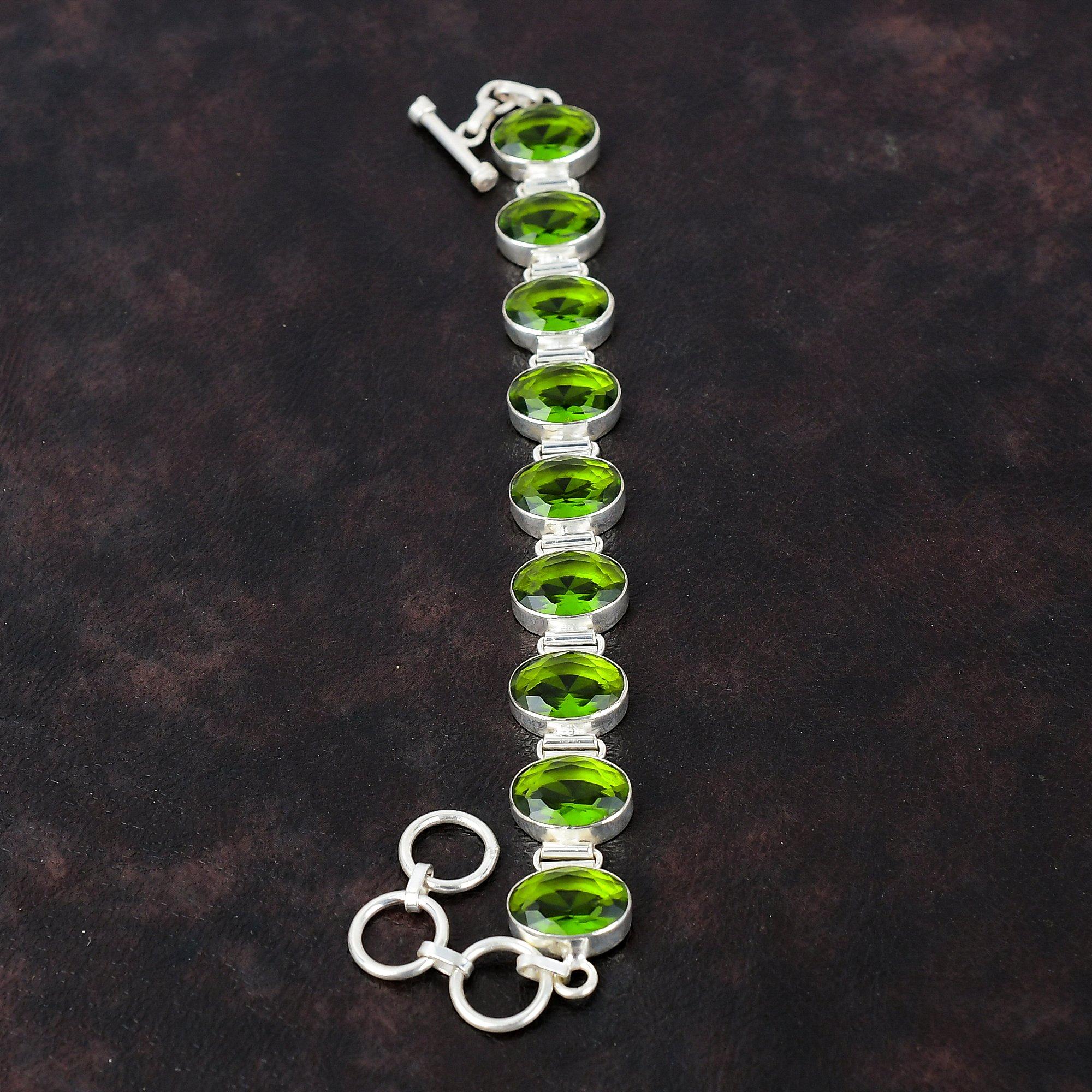 Граненый браслет с перидотом Ювелирные изделия ручной работы Браслет из настоящего драгоценного камня Браслет из стерлингового серебра 925 пробы Регулируемый браслет-цепочка Подарки на годовщину