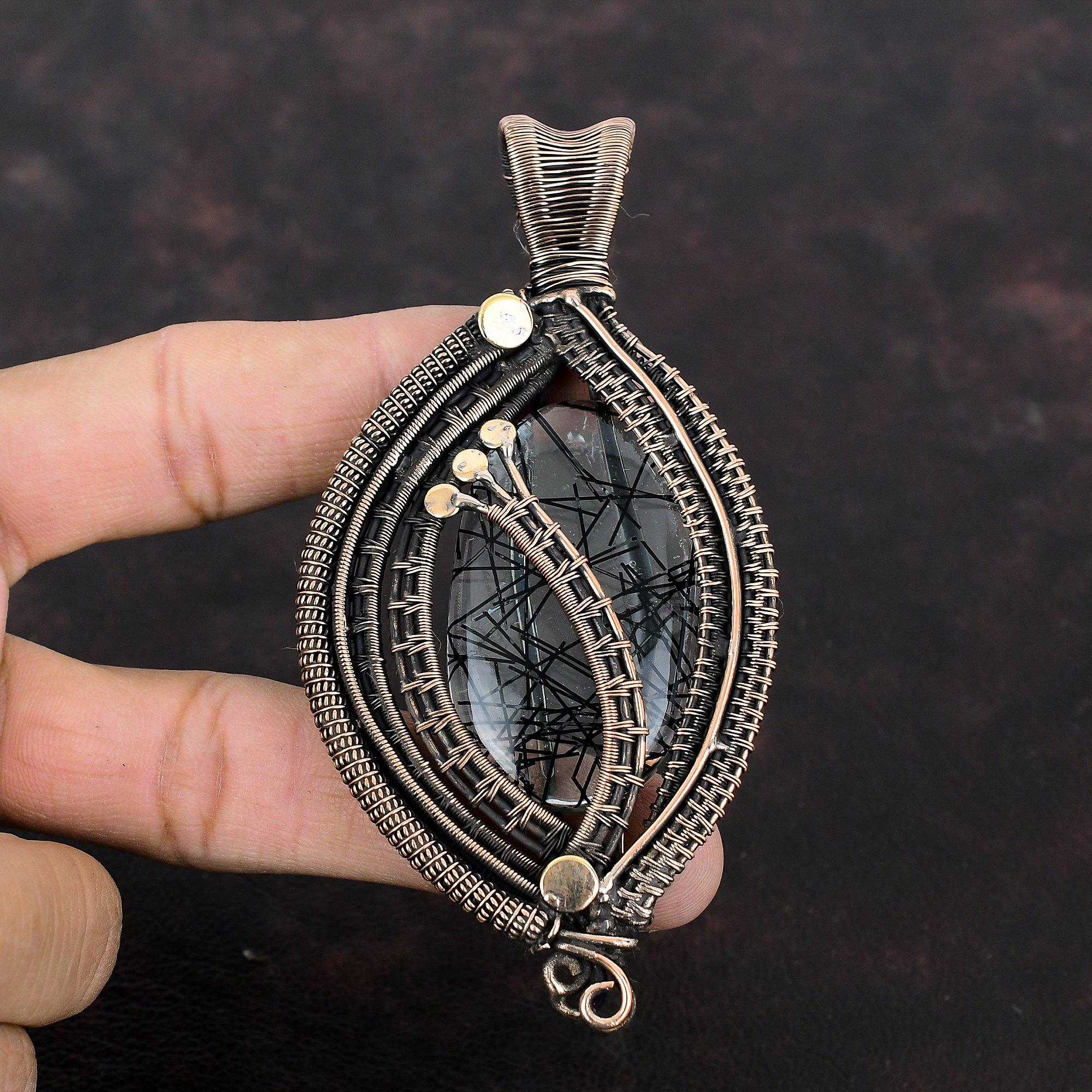 Black Rutile Pendant Copper Wire Wrapped Handmade Pendant Designer Copper Jewelry Genuine Gemstone Pendant Engagement Gift Wire Wrap Jewelry