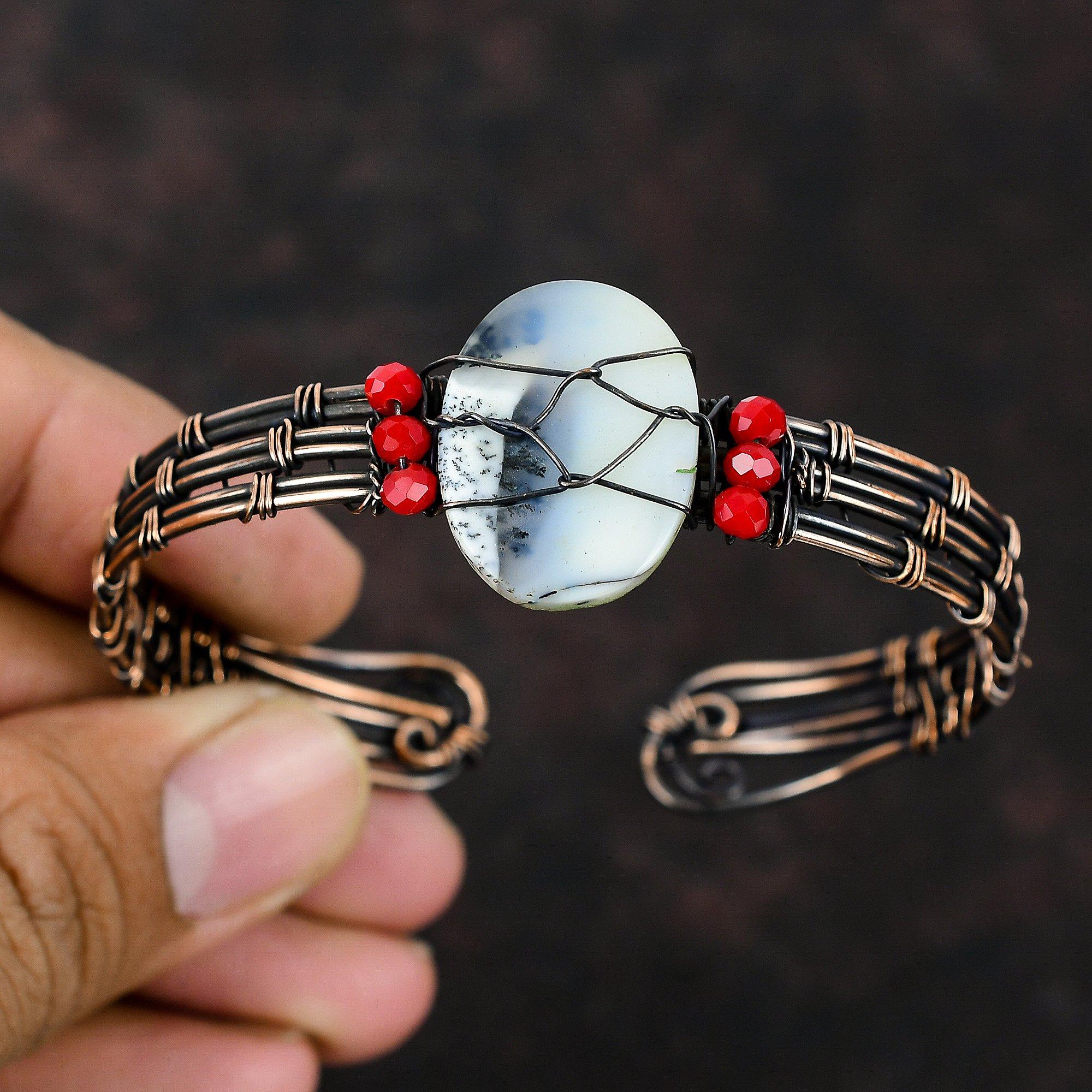 Браслет-манжета из опала с дендритом, красные коралловые бусины, браслет из медной проволоки, ювелирные изделия, регулируемый браслет, браслет-манжета из драгоценных камней