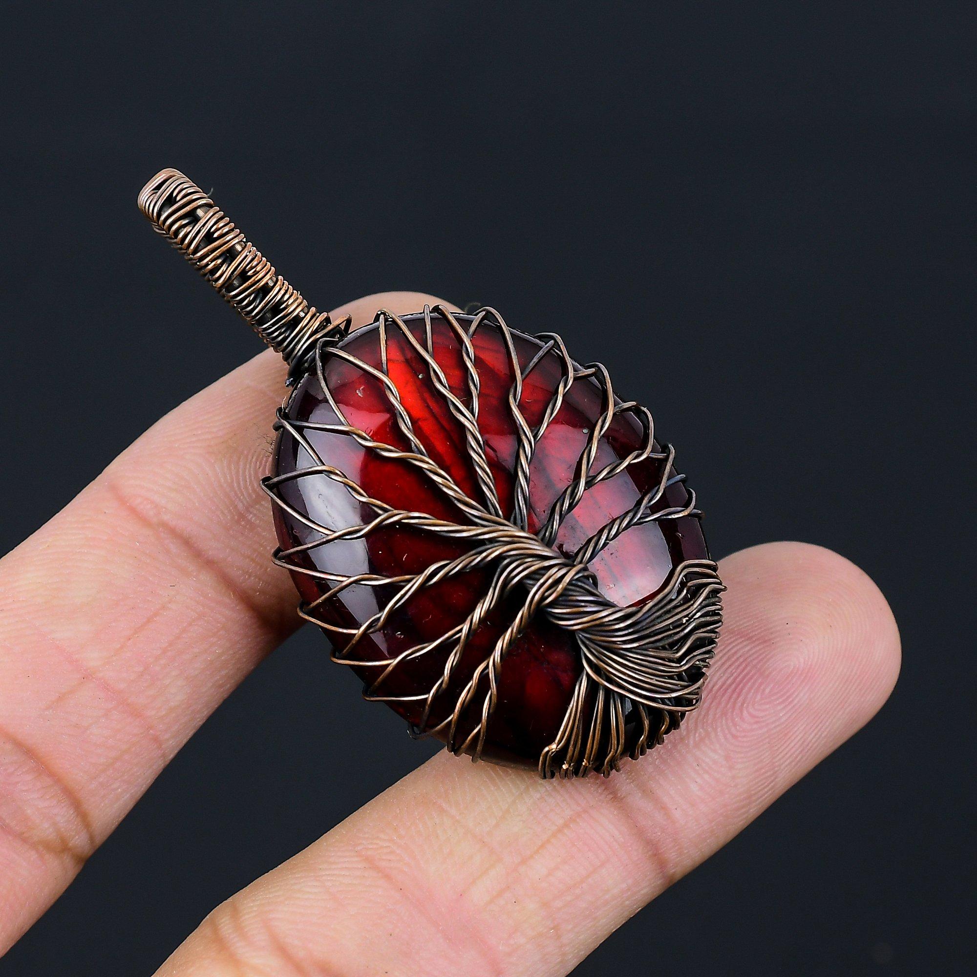 Tree Of Life Red Flash Labradorite Gemstone Pure Copper Wire Wrapped Handmade Pendant Jewelry