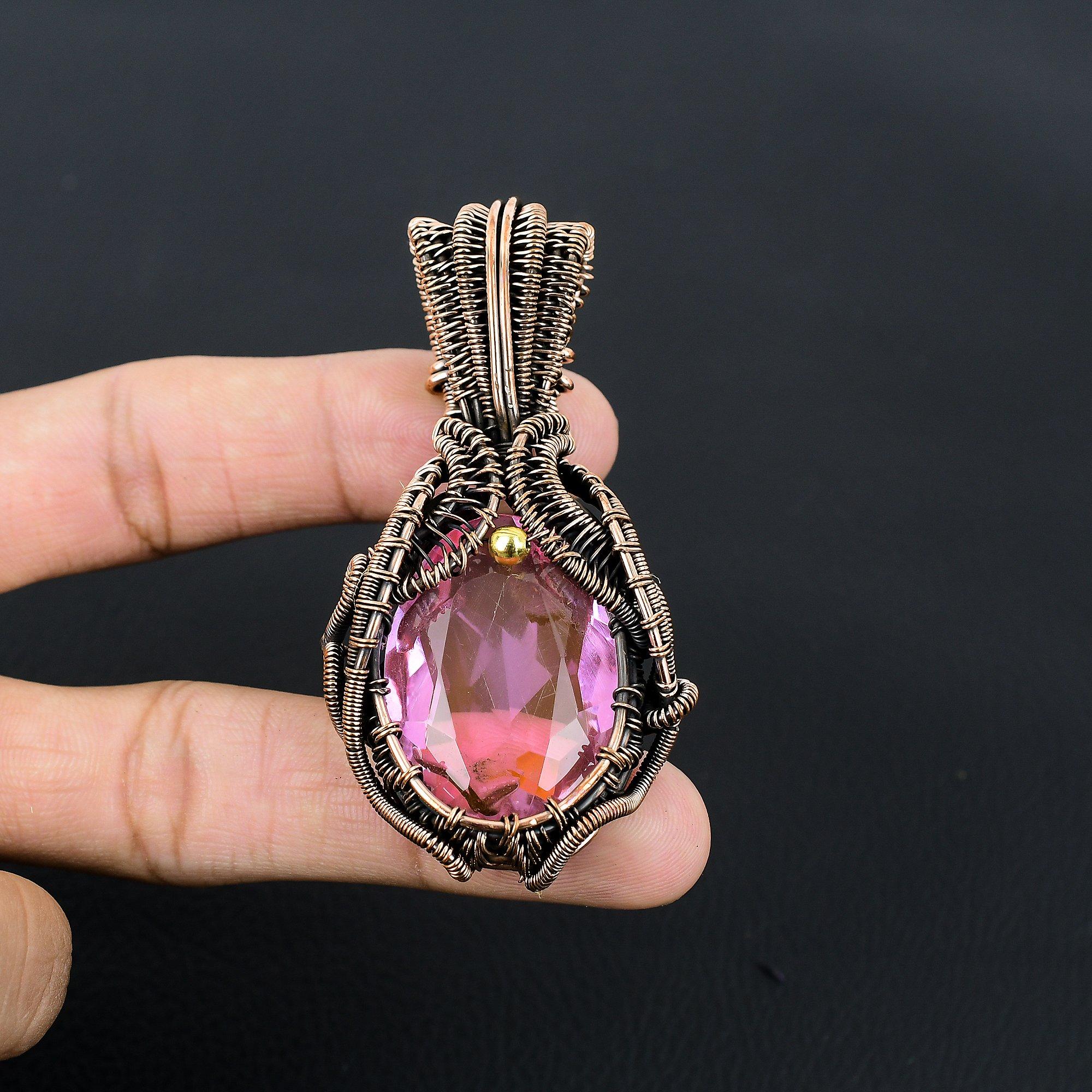 Unique Pink Kunzite Gemstone Handmade Pure Copper Wire Wrapped Pendant Jewelry