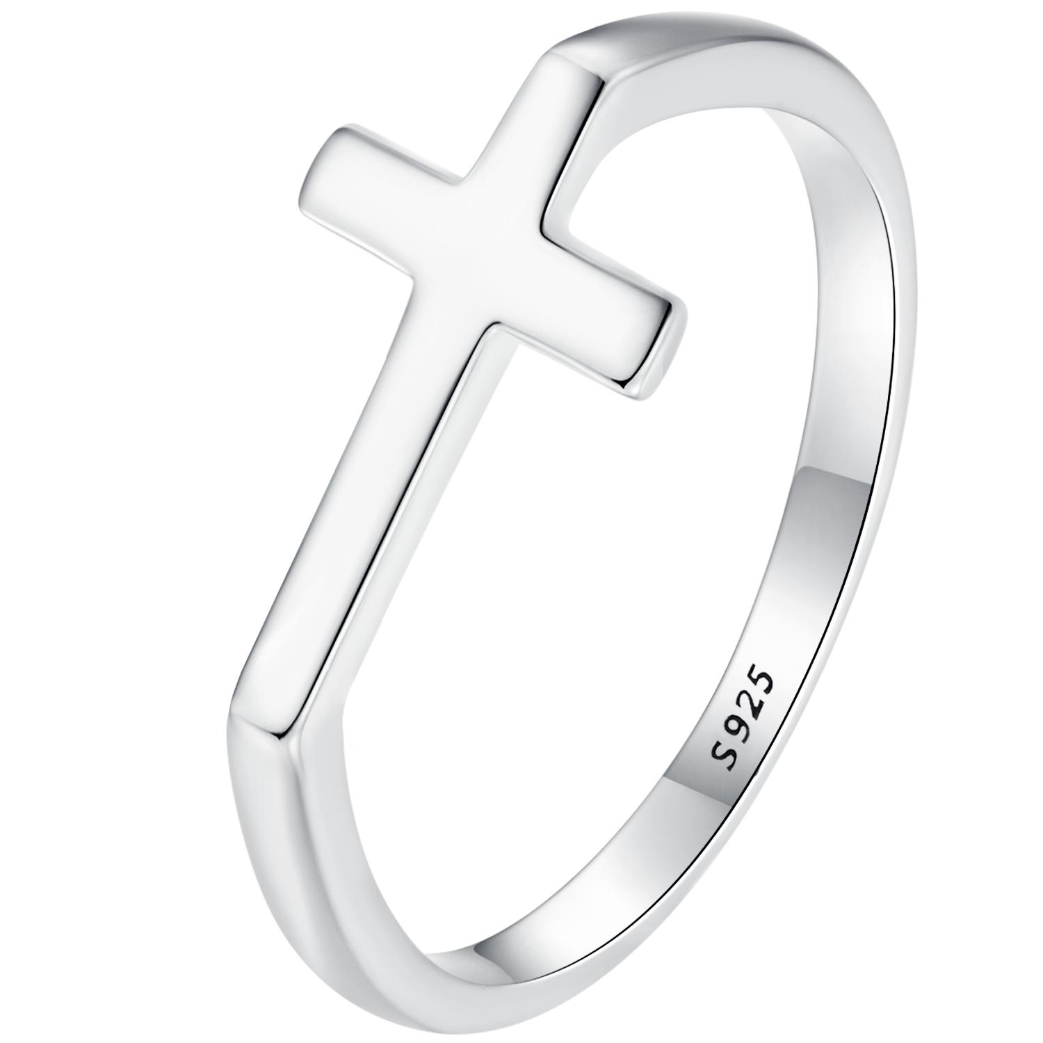 WOSTU 925 Sterling Silver Simple Cross Finger Ring for Women Daily Wear Guard Female Ring Jewelry Gift For Daugther Family