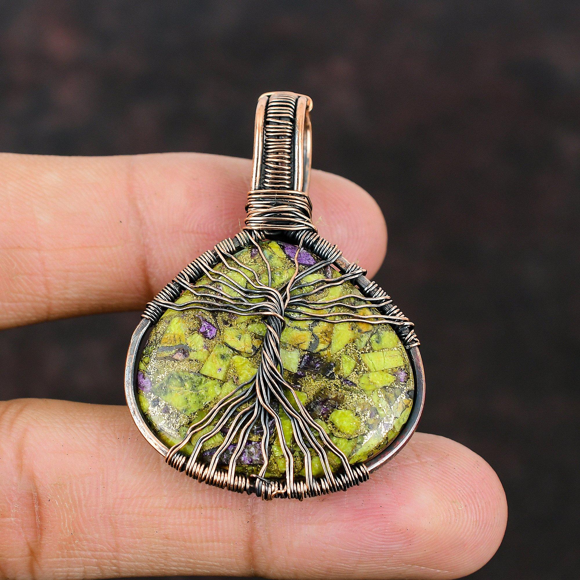 Подвеска с самоцветом стихтитом Древо Жизни, обмотанная медной проволокой, Медная проволочная подвеска, Медные проволочные украшения, Подарок для него, Подвеска ручной работы, Украшения Древо Жизни