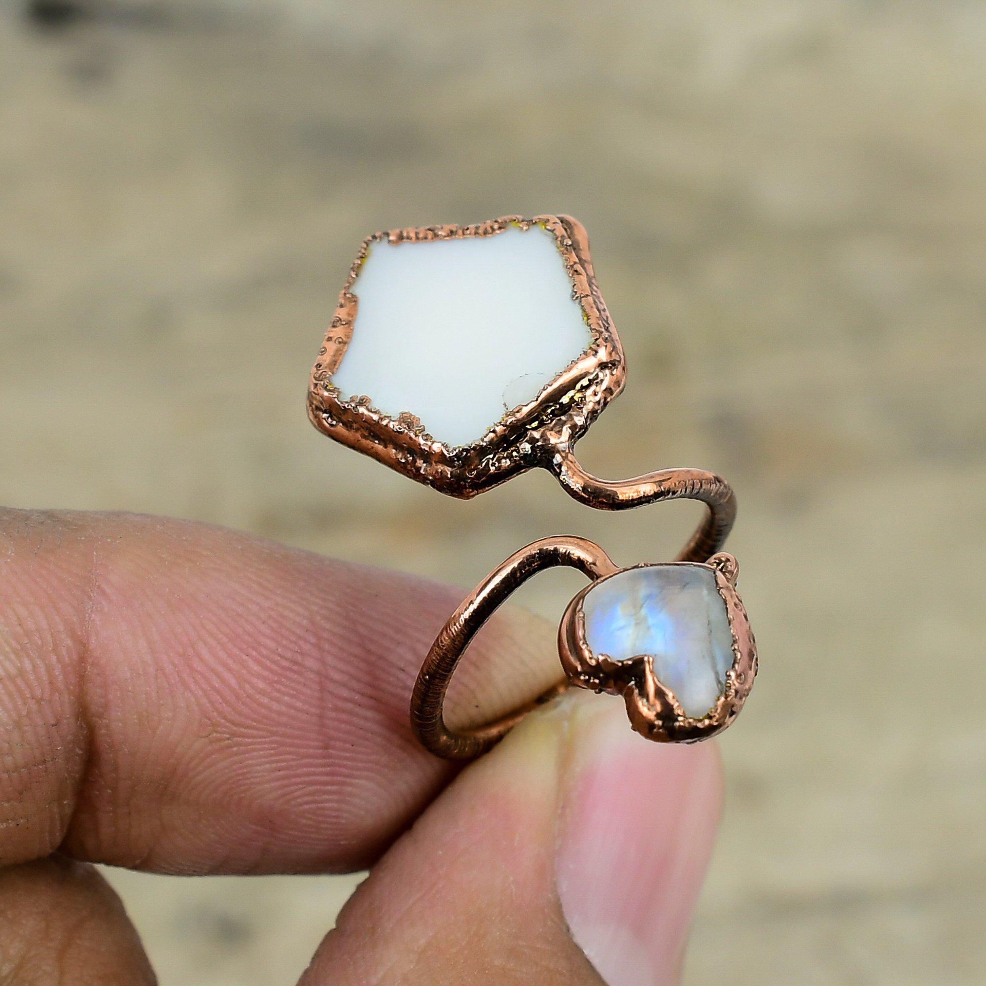 Перламутровое кольцо Кольцо с радужным лунным камнем Медные регулируемые кольца из гальванопластики Драгоценный камень Ювелирные изделия из гальванопластики Кольцо ручной работы Подарки для нее