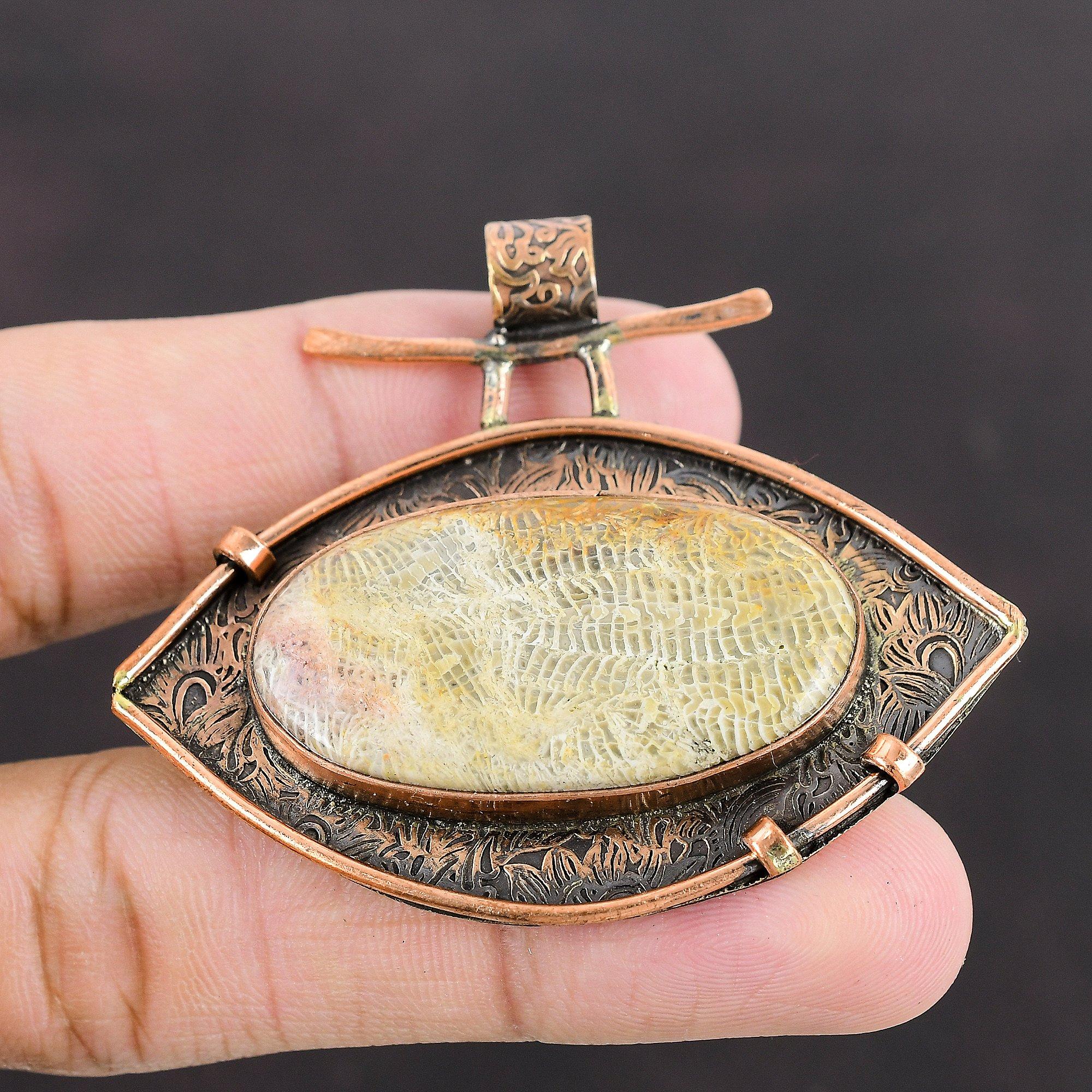 Подвеска из ископаемого коралла, медная подвеска, подвеска из драгоценного камня, женская подвеска, ювелирные изделия из окисленной меди, подарок для невесты, свадебные украшения, подвеска ручной работы