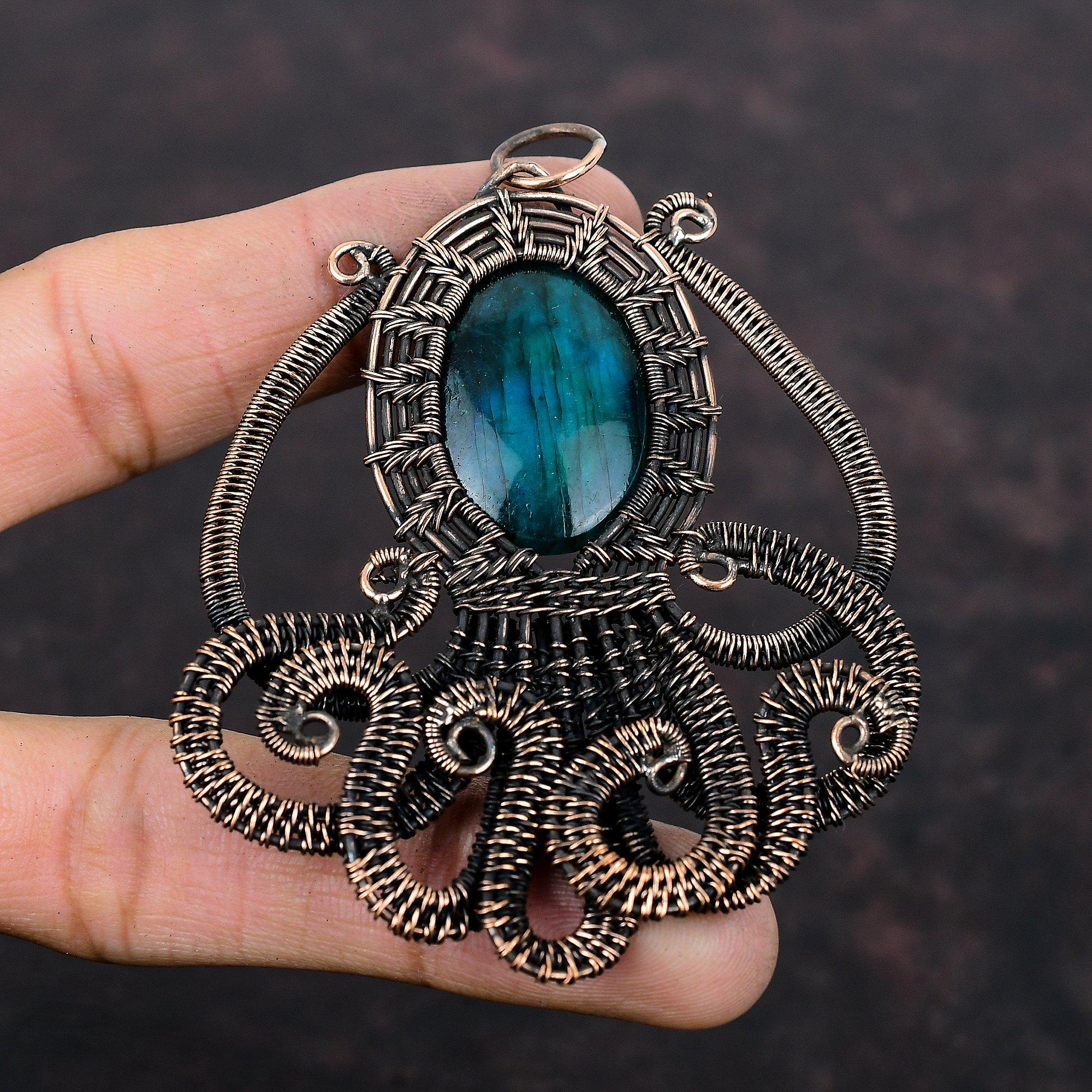 Подвеска из неонового лабрадорита, обернутая медной проволокой, подвеска в виде осьминога, драгоценный камень, медные украшения, дизайнерская подвеска ручной работы, подарок на помолвку