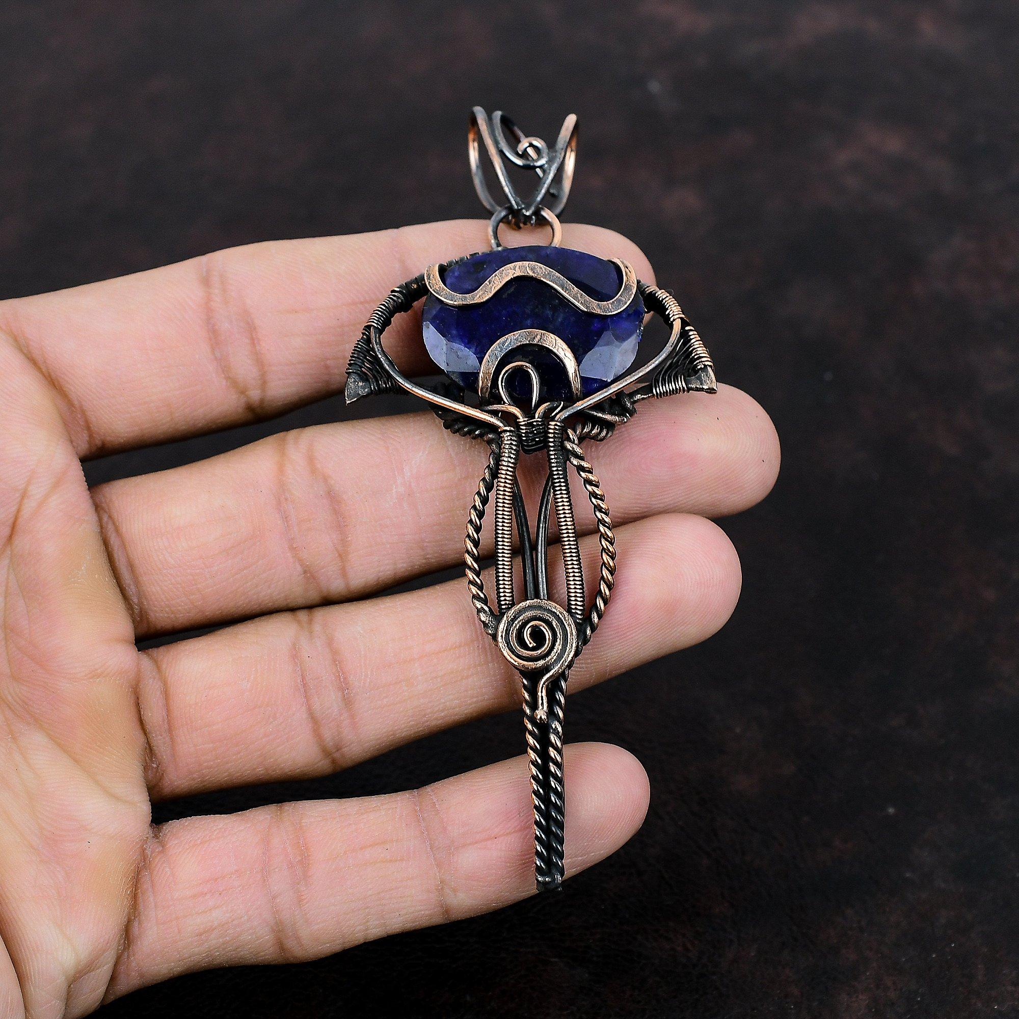 Подвеска с граненым синим сапфиром, подвеска из медной проволоки, подвеска с драгоценным камнем, подарок на особый случай, подвеска ручной работы, очень красивое медное украшение