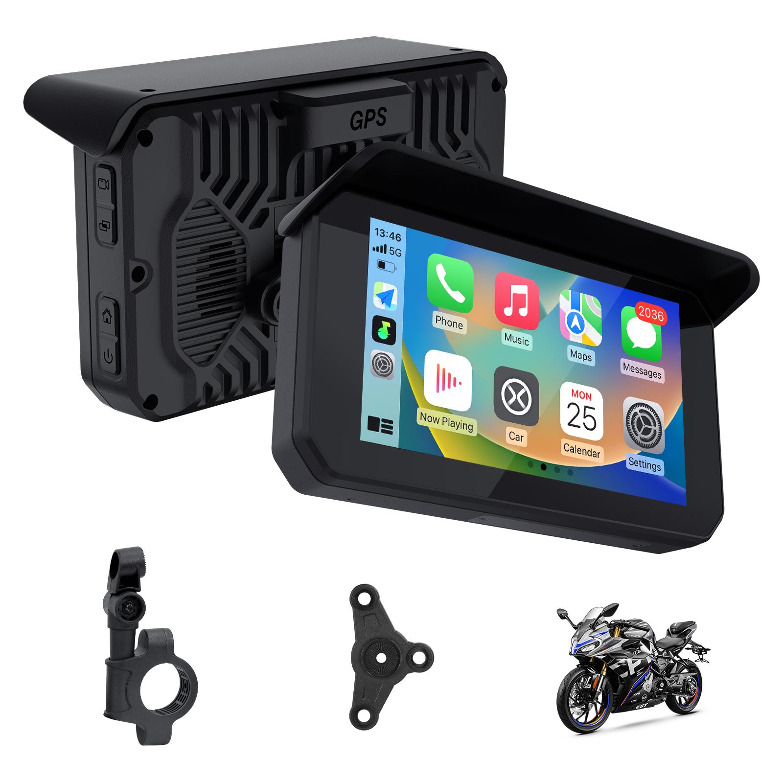 Экран Carabc для мотоцикла Carplay 5 дюймов с GPS-навигацией, водонепроницаемостью IPX7, передней и задней камерами и системой контроля давления в шинах (TPMS)