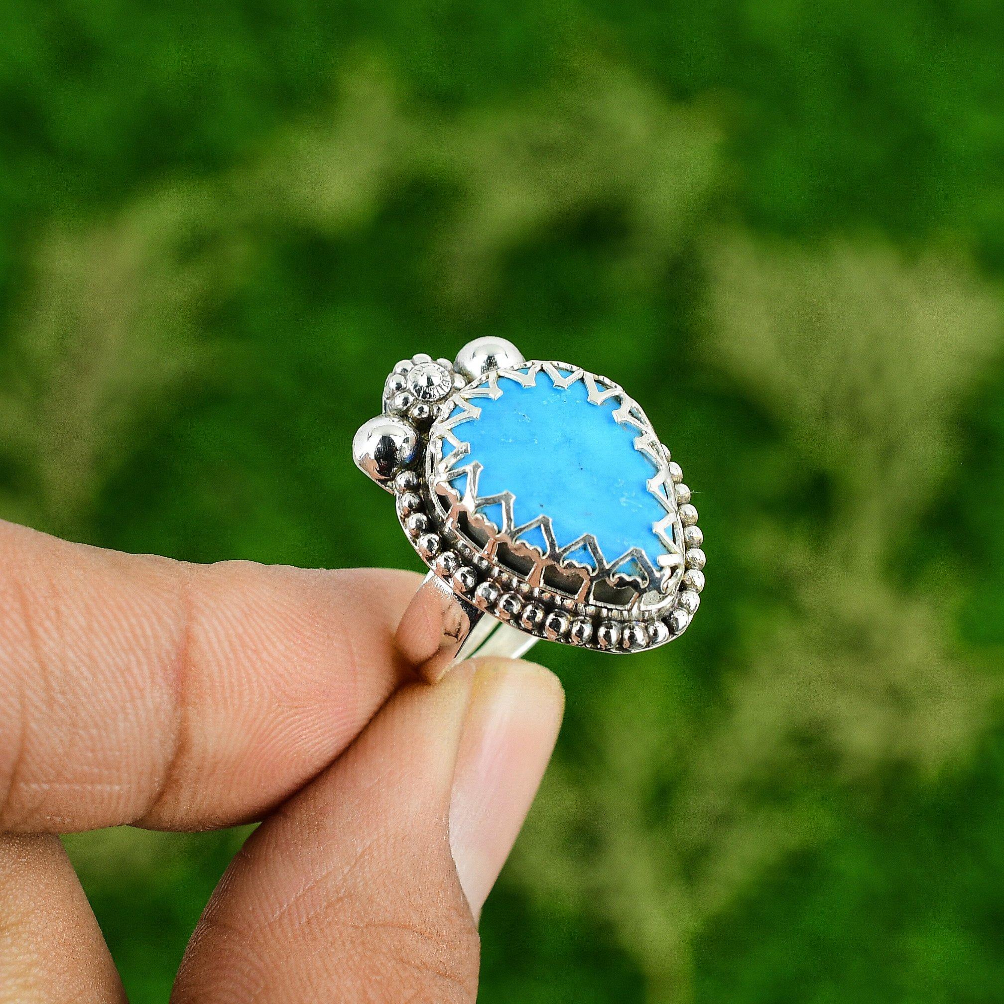 Natural Arizona Turquoise 925 Sterling Silver Bezel Multi Stone Engagement Ring