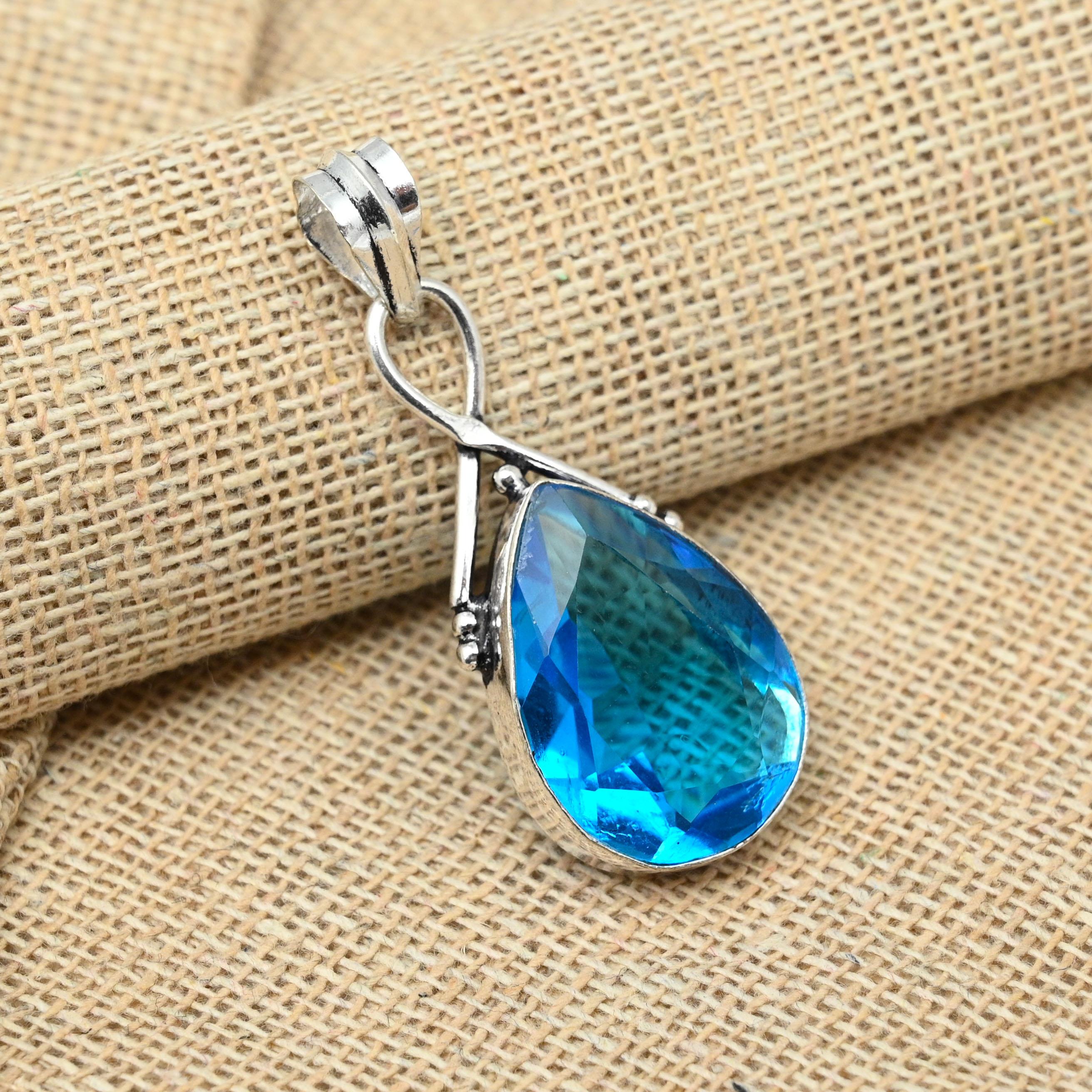 AAA+ Blue Topaz Gemstone Solid 925 Sterling Silver Jewelry Handmade Beautiful Pendant