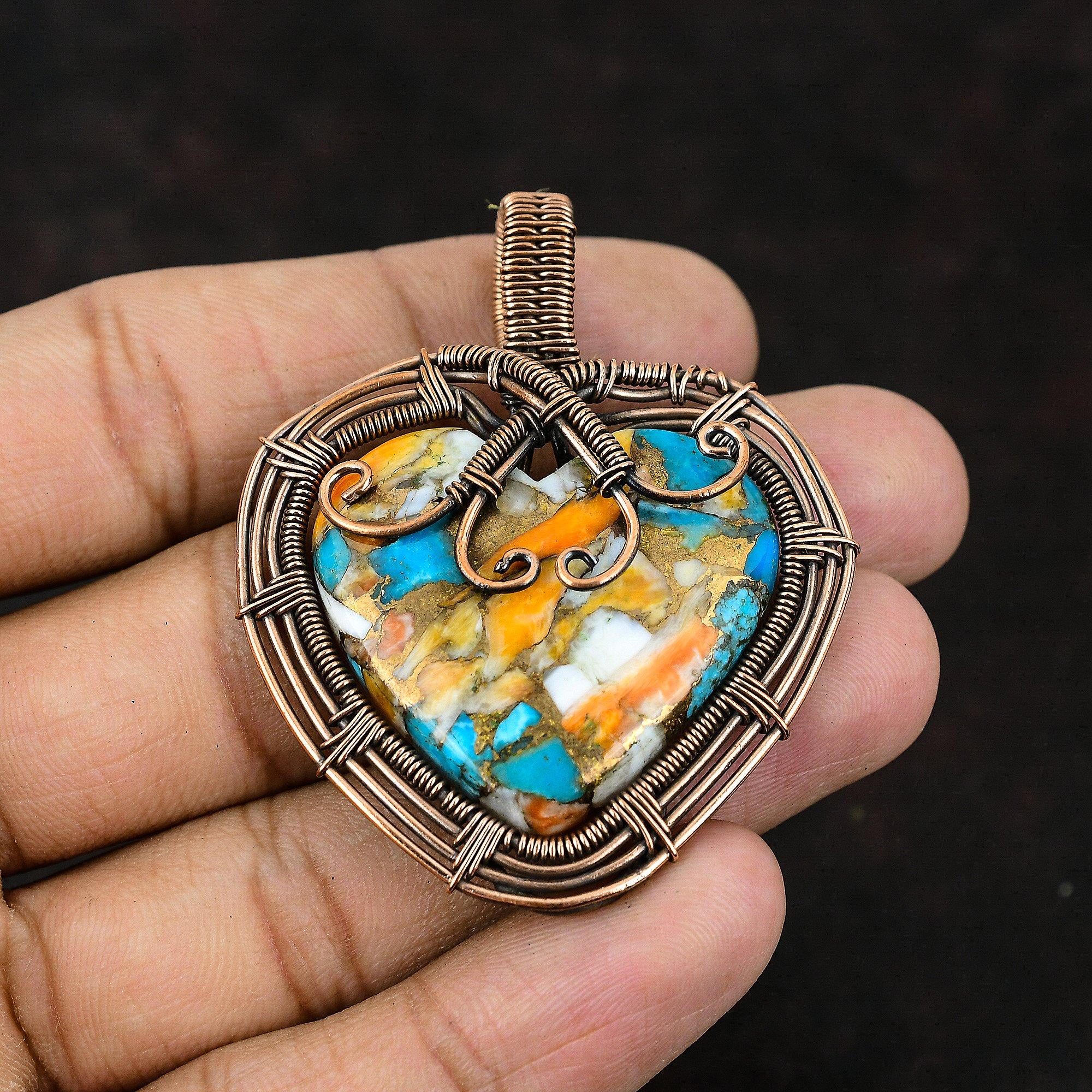 Колючая устрица, медная бирюзовая подвеска, кулон с драгоценным камнем, медная проволока, кулон, медные украшения, кулон в форме сердца ручной работы, подарок для нее