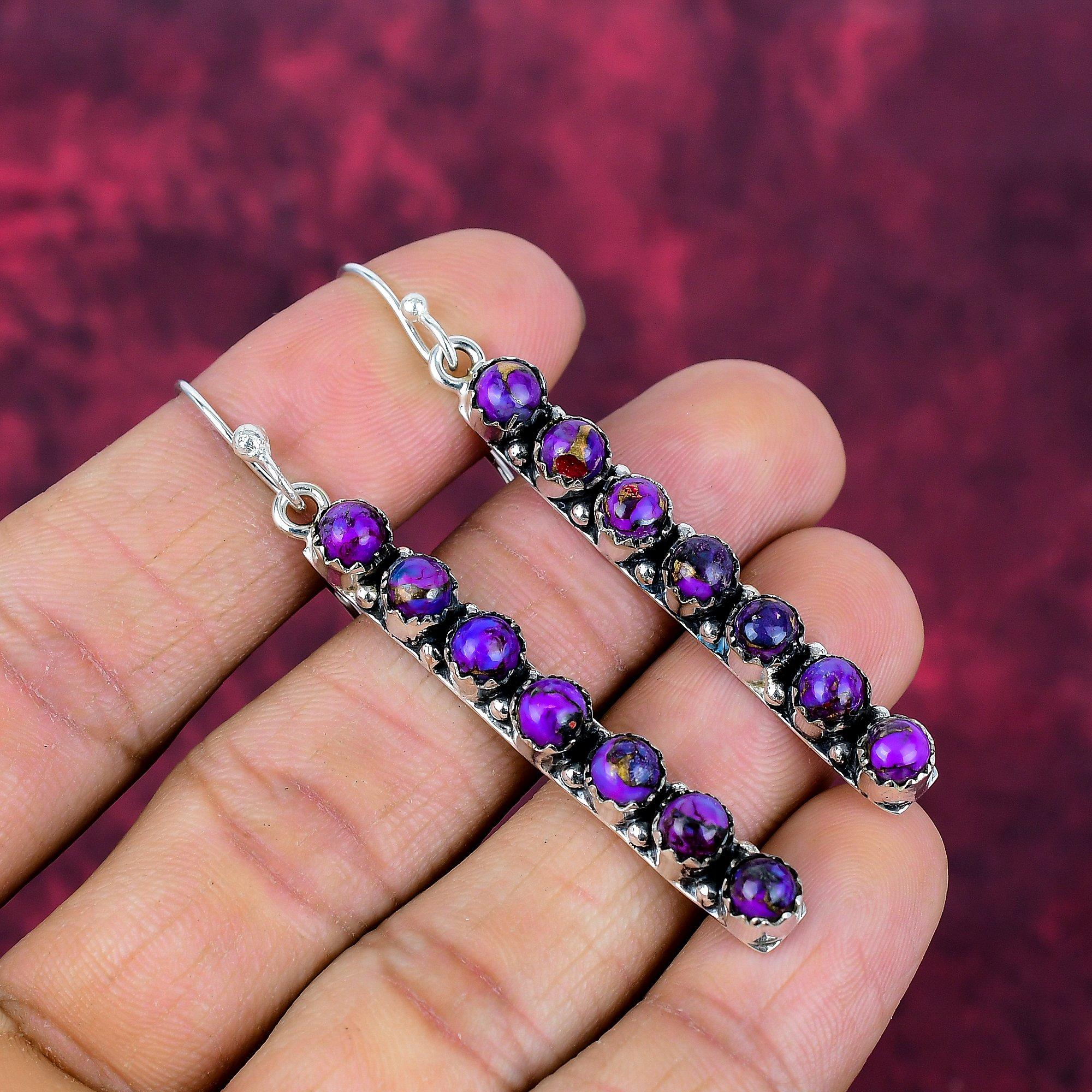 Серьги из фиолетовой меди и бирюзы, ювелирные изделия из цельного серебра 925 пробы, серьги с драгоценными камнями, подарок для нее, изящные ювелирные изделия ручной работы