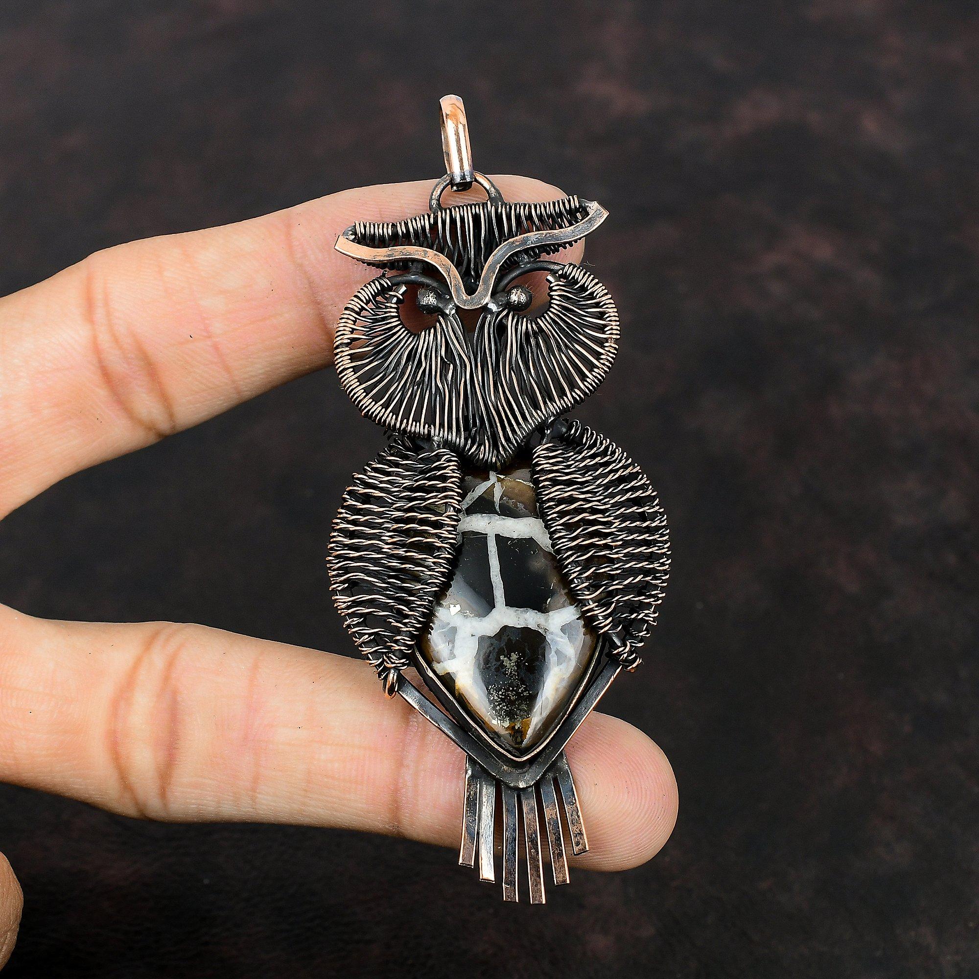 Подвеска из окаменелости в виде трещины в марокканской грязи, подвеска из медной проволоки, подвеска ручной работы из драгоценных камней, изумительное медное украшение, подвеска в виде совы, подарок на годовщину