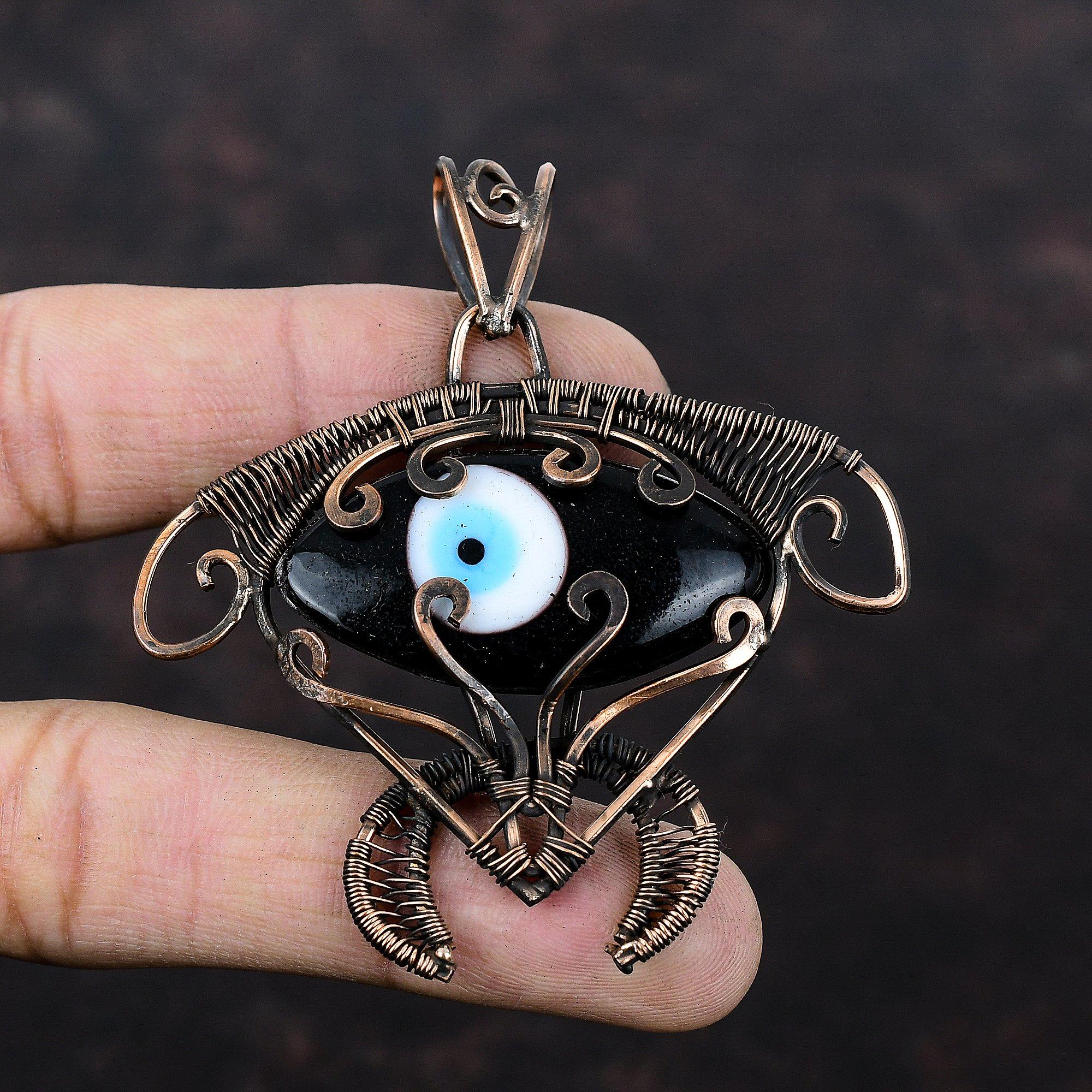 Подвеска с Глазом Фатимы черного цвета, обернутая медной проволокой, Подвеска с черепахой, Украшения из драгоценных камней, обернутые проволокой, Подвеска в стиле бохо ручной работы, Медные украшения