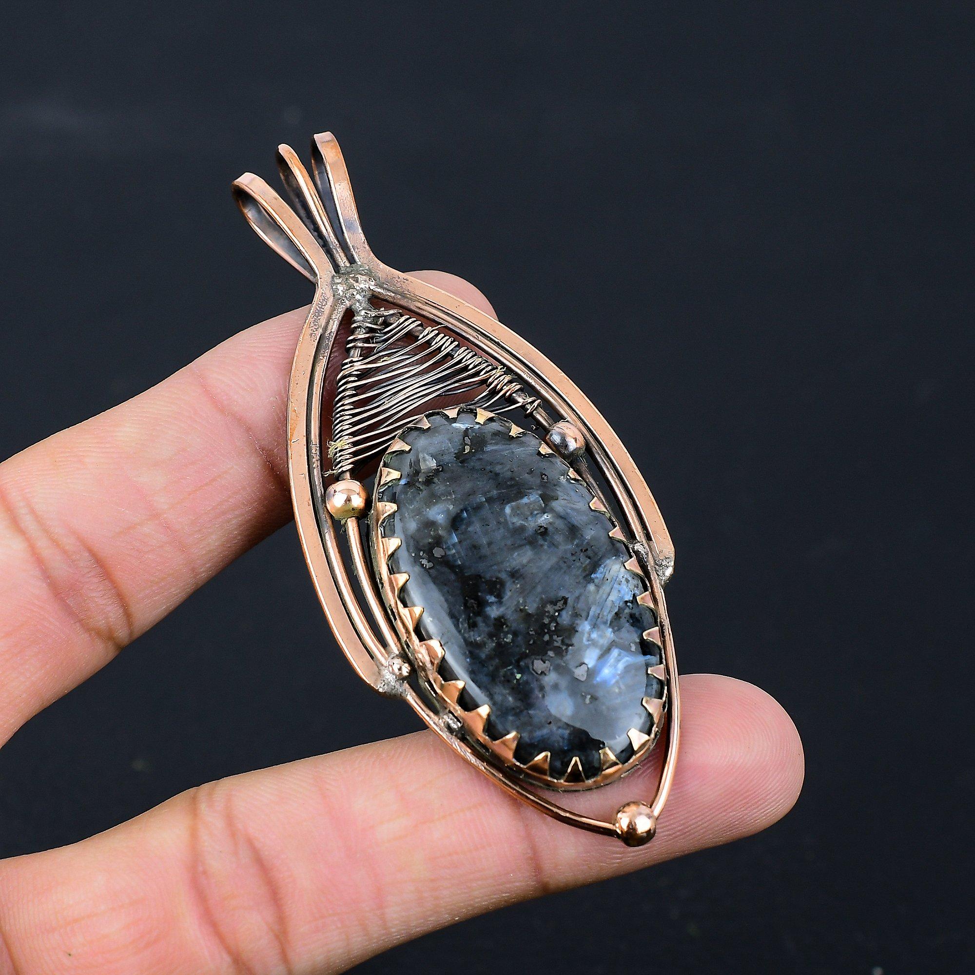 Larvikite Gemstone Pure Copper Wire Wrapped Handmade Jewelry Pendant